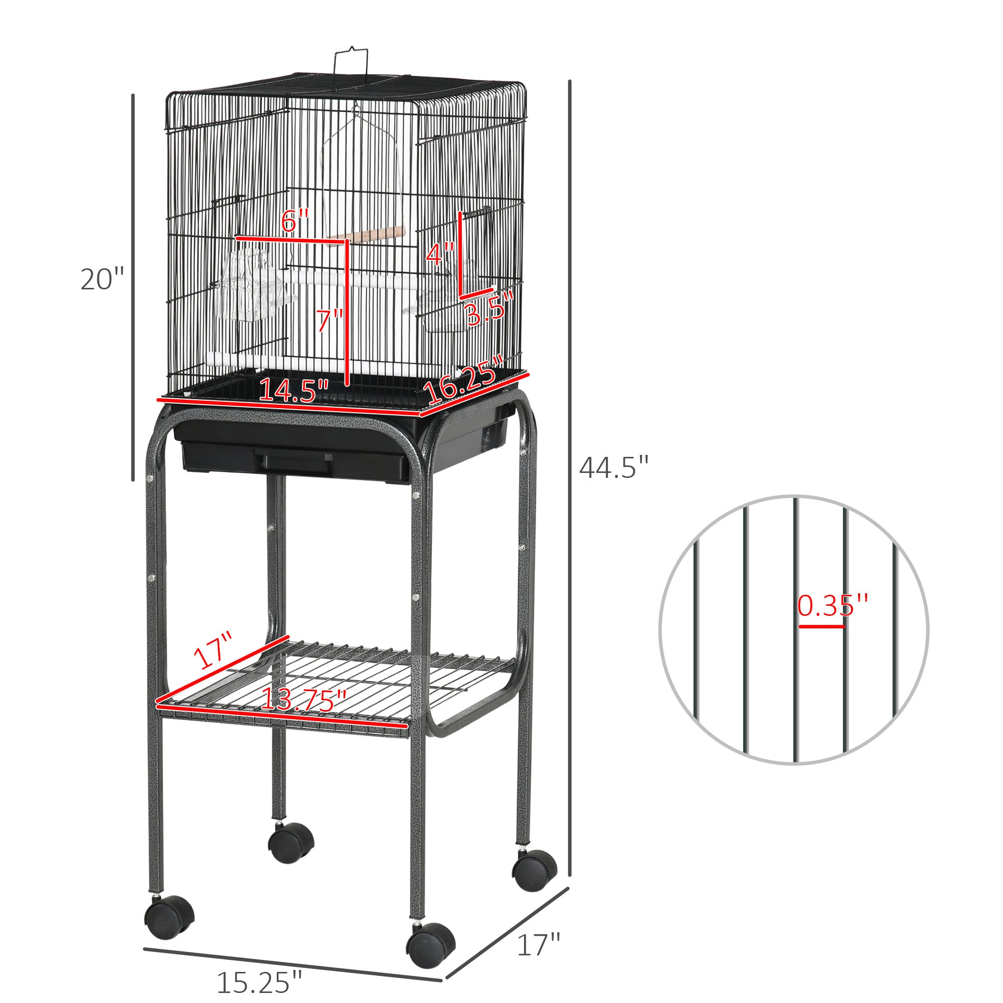 45-inch Metal Indoor Bird Cage, Parrot Cage, Bird Aviary with Detachable Rolling Stand, Storage Basket, and Accessories - Black - BLACK - Image 3