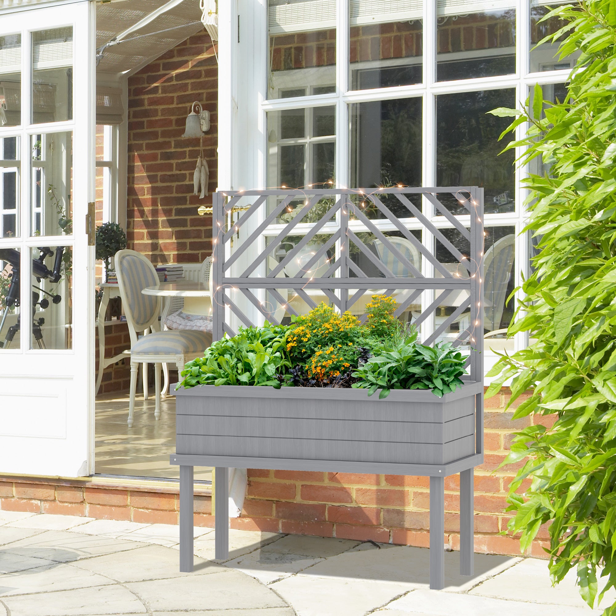Elevated Wood Planter with Trellis for Climbing Plants, Raised Garden Bed with Legs and Drainage Holes, Gray - Gray - Image 8