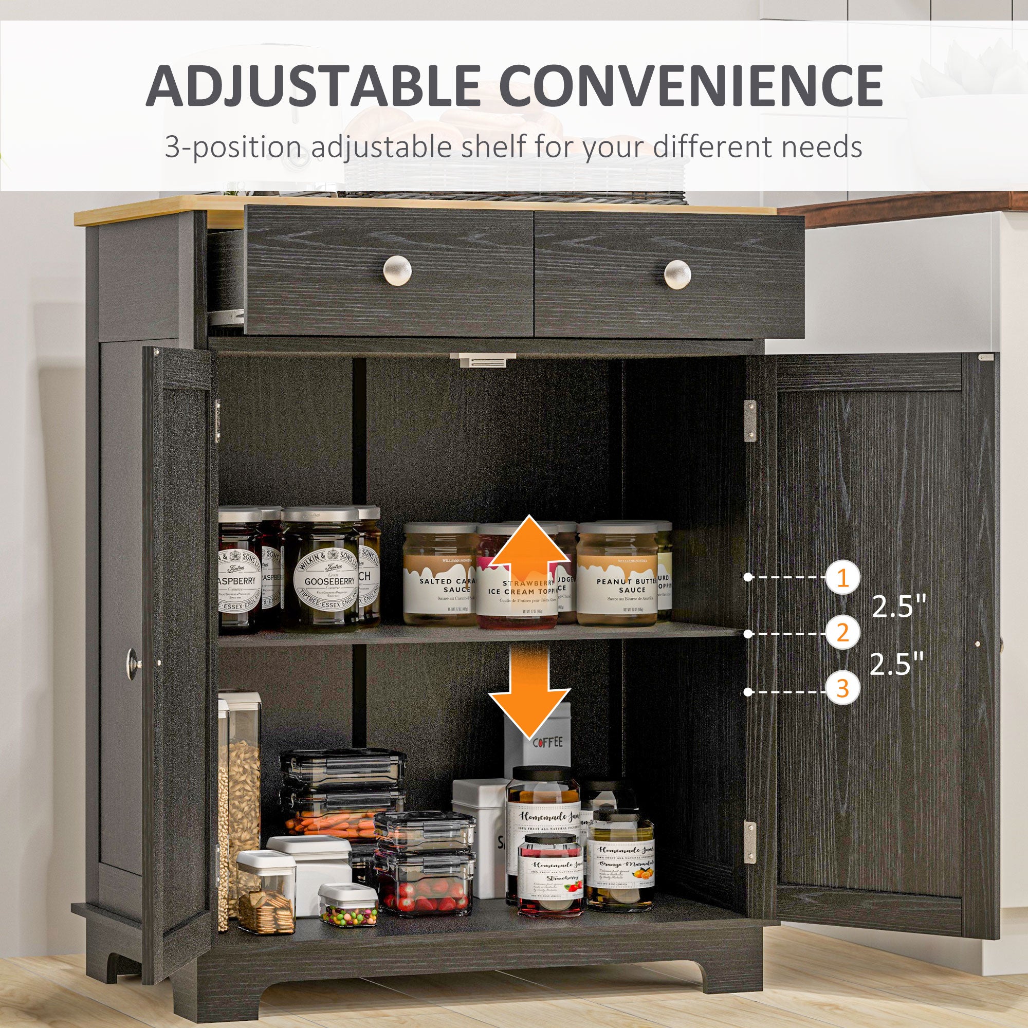 Kitchen Storage Cabinet, Sideboard Floor Cupboard with Solid Wood Top, Adjustable Shelf, and 2 Drawers, Distressed Black
