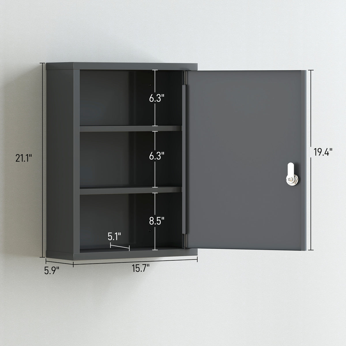 16" x 21" Lockable Medicine Cabinet, 3 Tier Steel Medical Wall Box with 2 Keys and Shelves for Bathroom, Gray