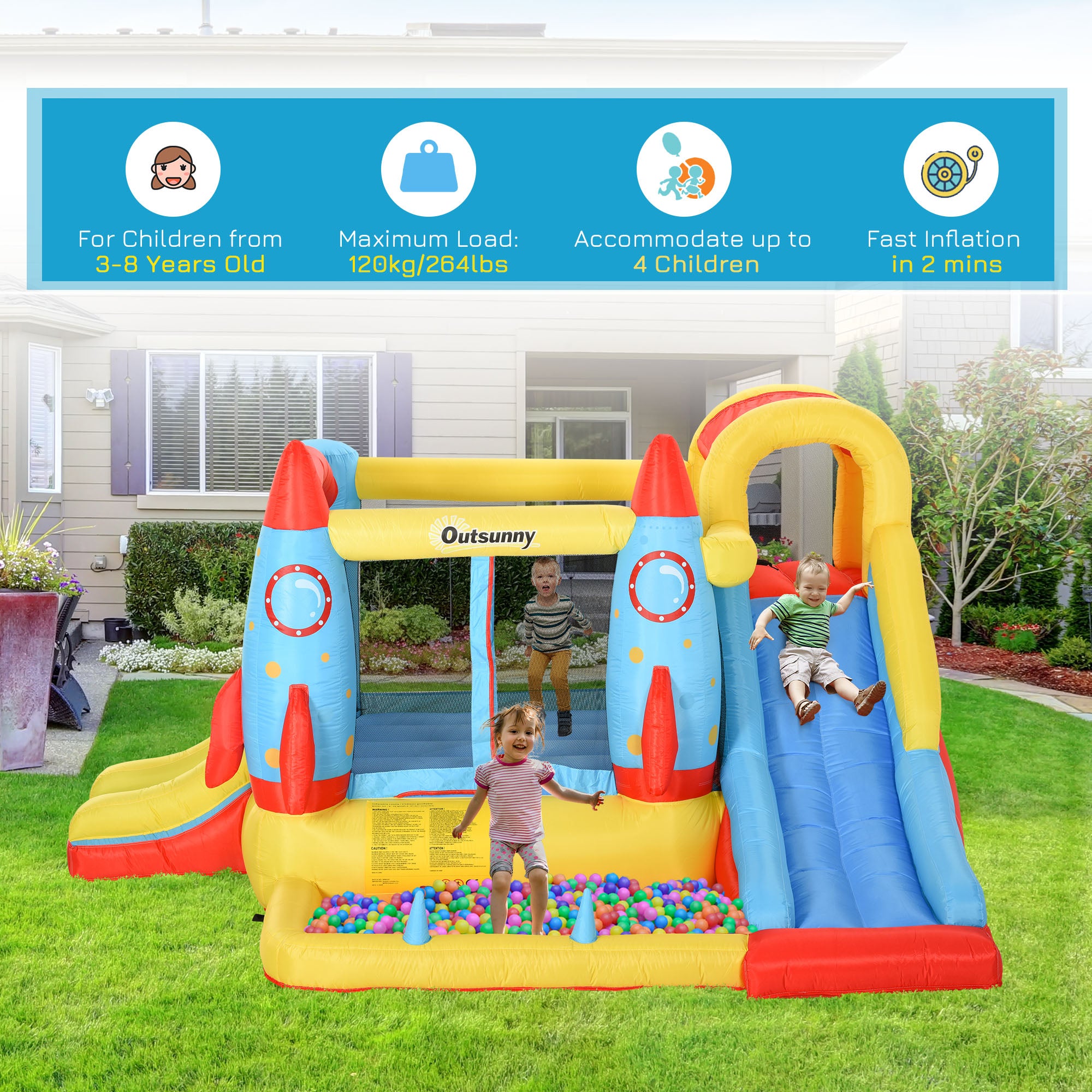 Kids Bounce House, 4-in-1 Rocket Inflatable Water Slide Jumping Castle with 2 Slides, Climbing Wall, Trampoline, & Water Pool Area, Air Blower
