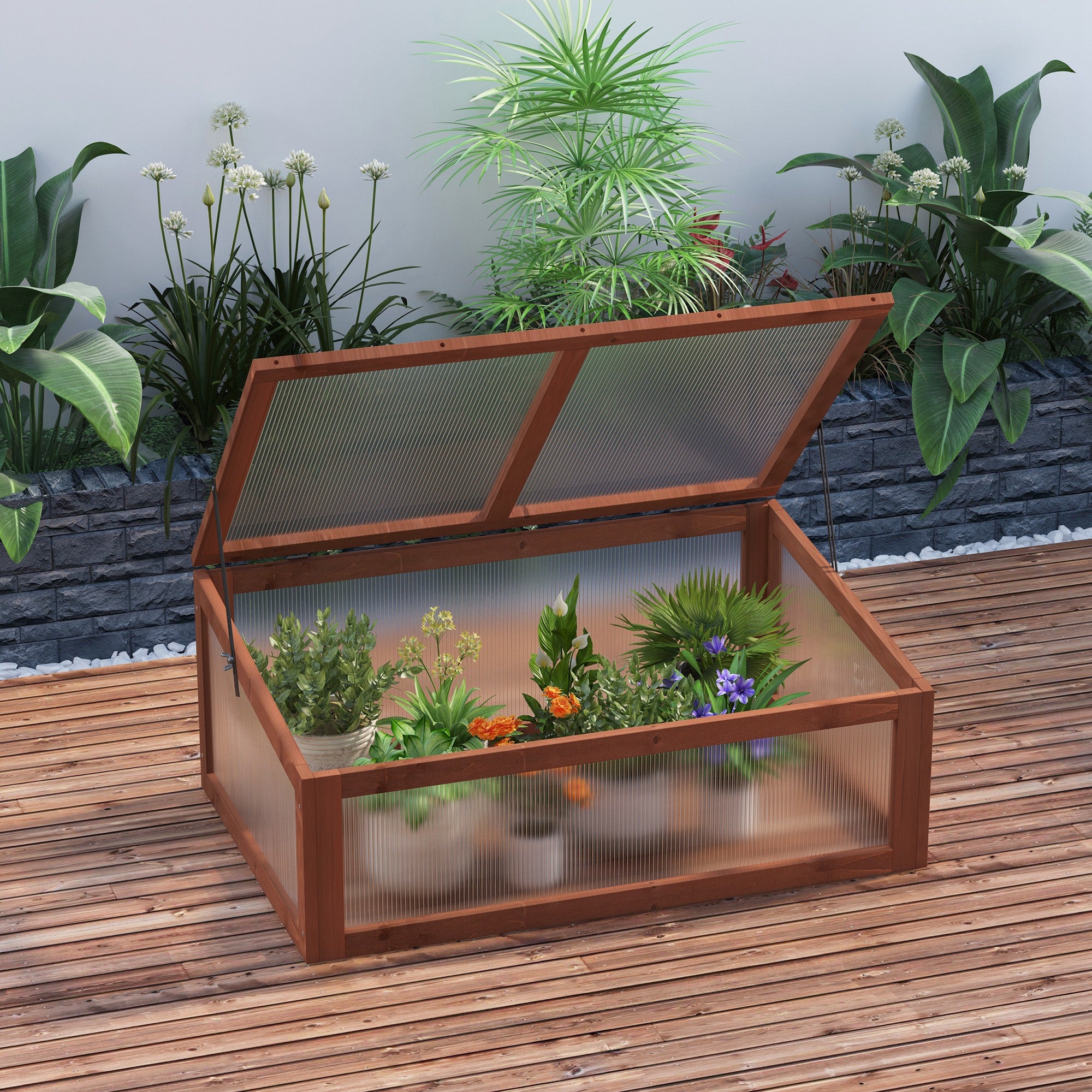 Wooden Cold Frame Greenhouse, Mini Greenhouse with Polycarbonate Board and Solid Wood Frame, Green House Cold Frame, Indoor Outdoor Terrarium Planter Box, 39" x 26" x 16", Natural - Brown - Image 2