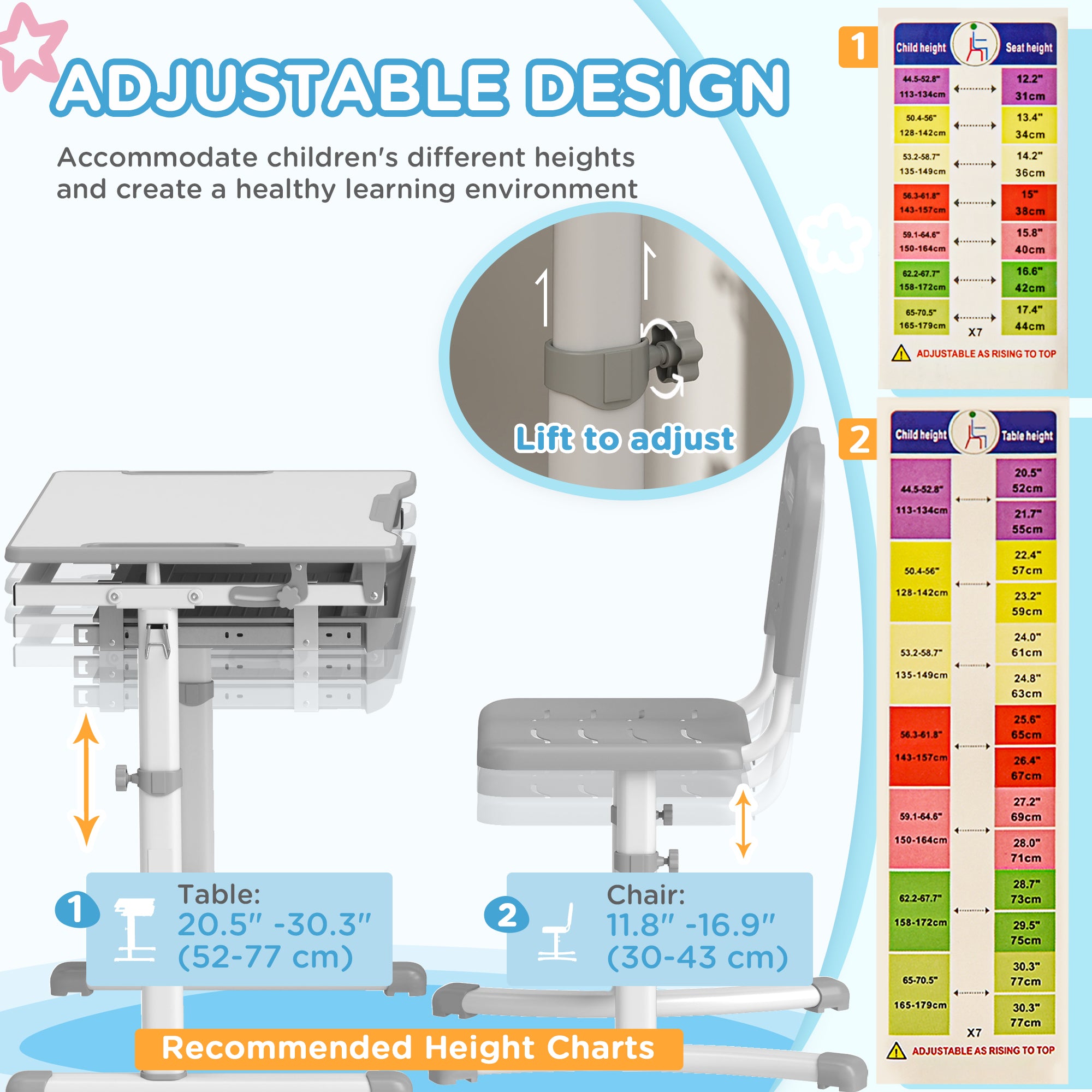 Height Adjustable Kids Desk and Chairs Set with Tilt Desktop, Storage Drawer, Pen Slot, Hook, Gray
