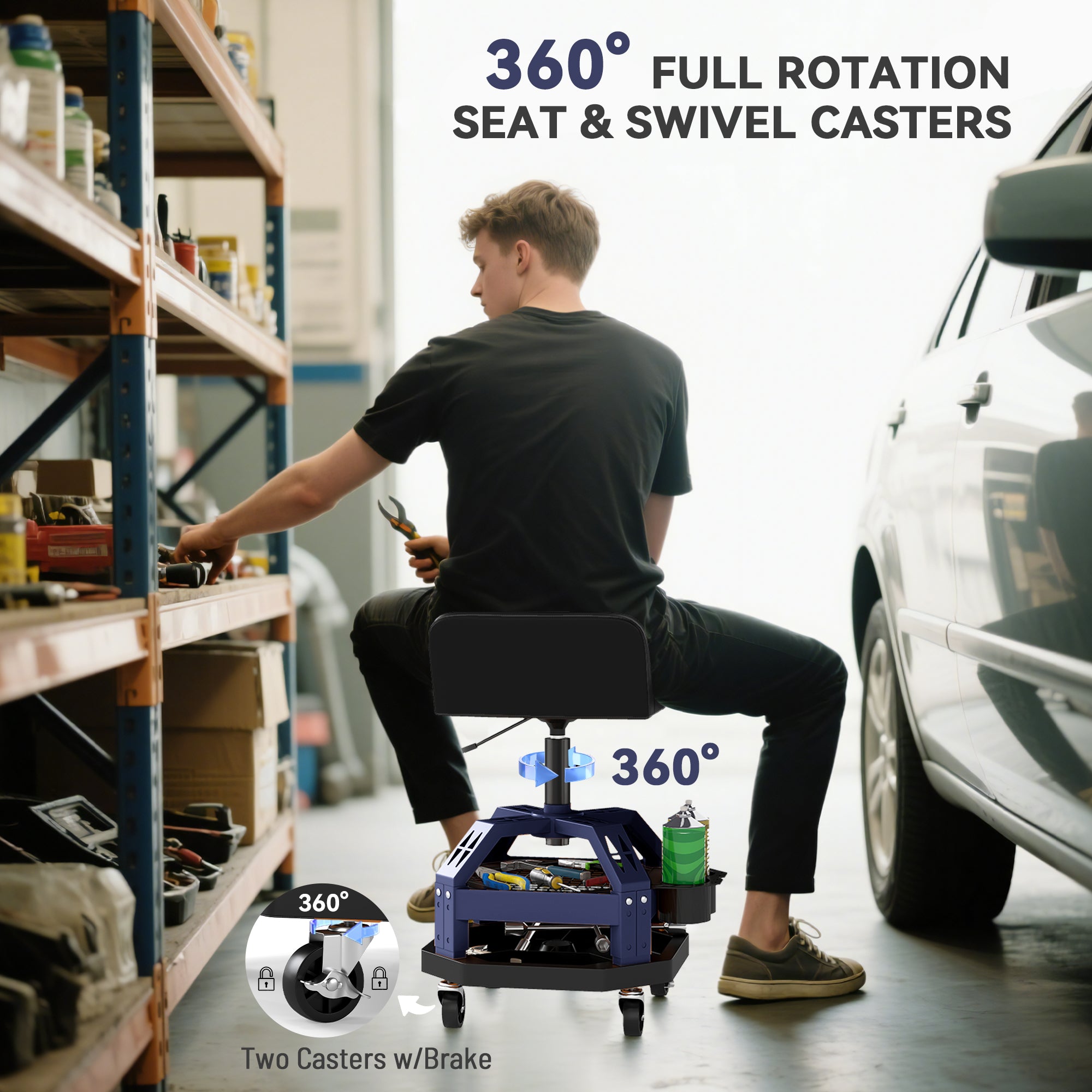 Rolling Creeper Garage Stool, 300 LBS Capacity Mechanic Stool with 360° Wheels, Tool Tray, Adjustable Height, Blue