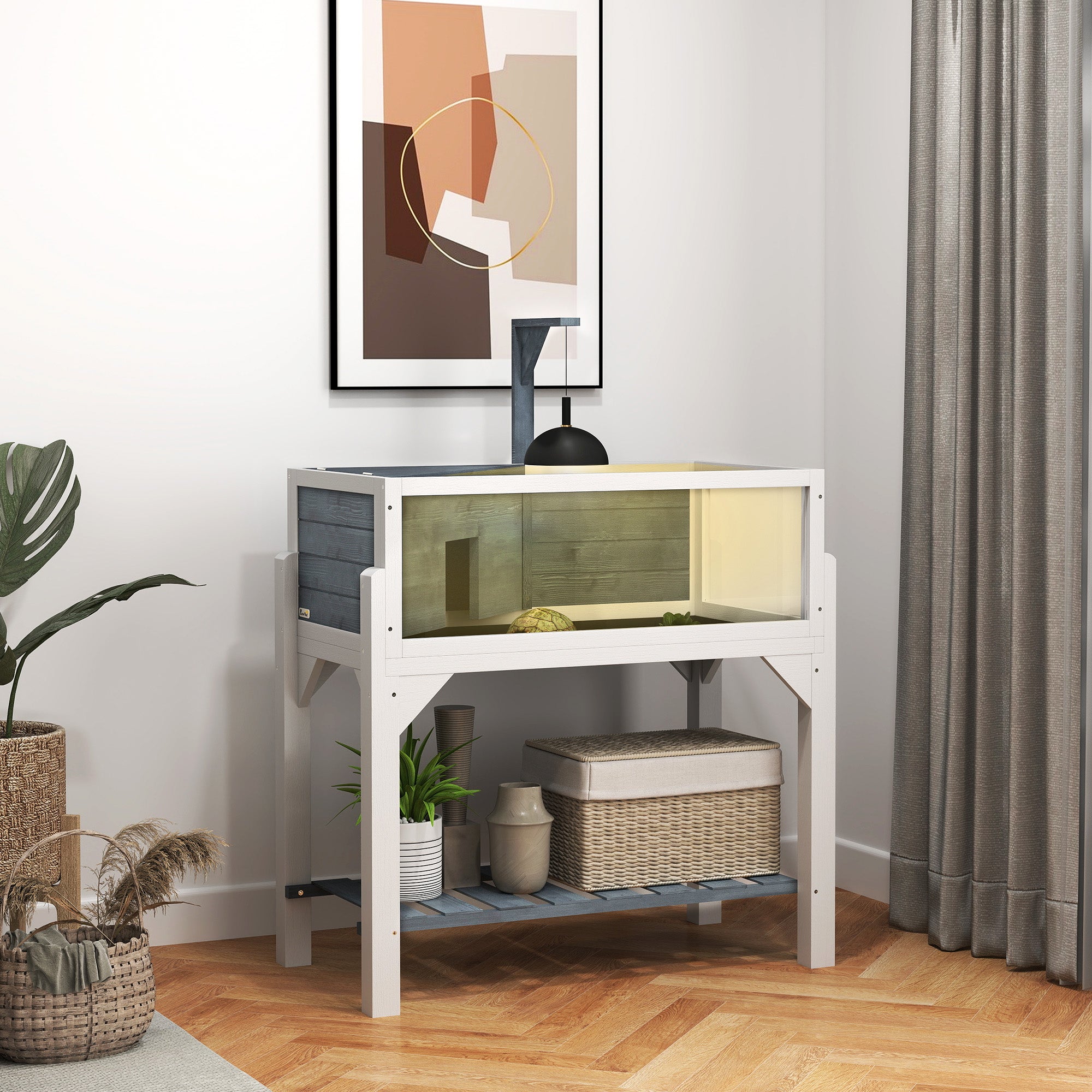 Wooden Tortoise Habitat with Storage Shelf, Tortoise Enclosure with Clear Windows, Openable Top, Lamp Holder, Gray - Gray - Image 2