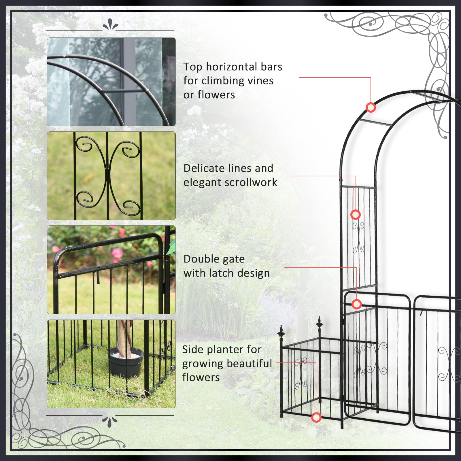 86" Garden Arch Arbor, Metal Arch Trellis with Gate and Planter Baskets, Garden Archway for Climbing Vines, Wedding Ceremony Decoration, Flourishes & Arrow Tips, Black - Black - Image 6
