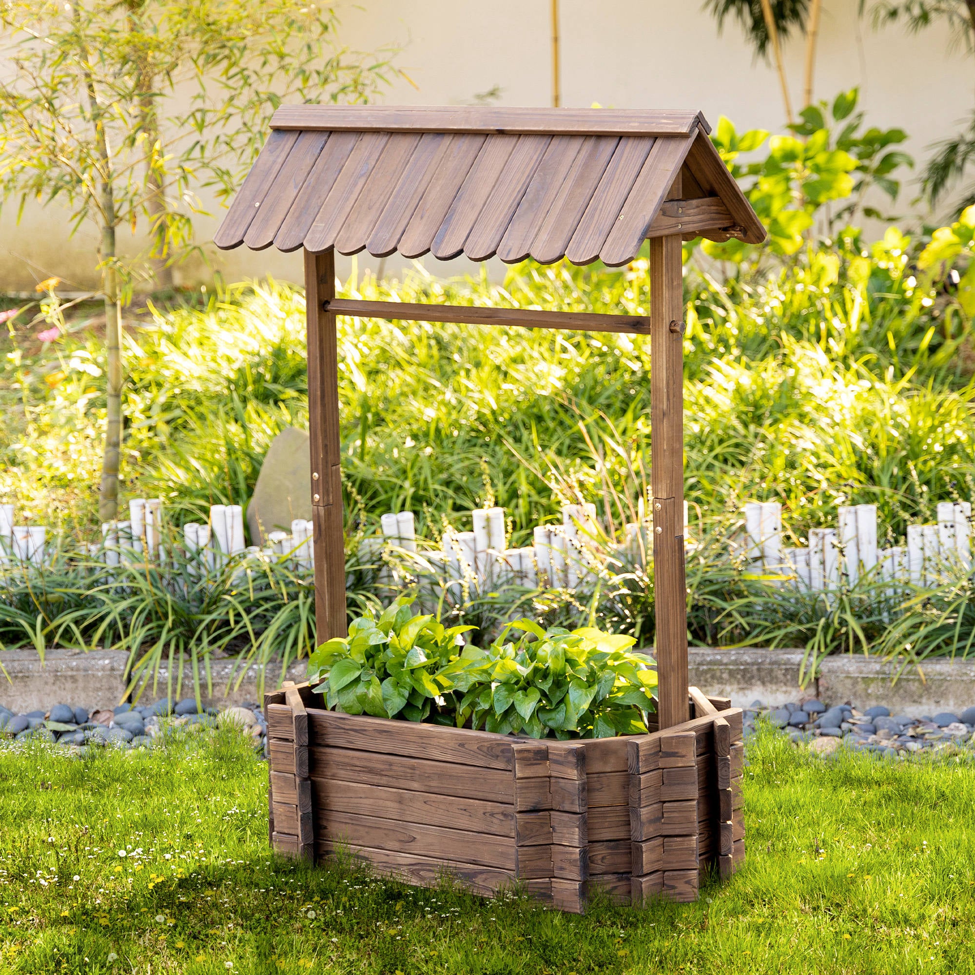 Wishing Well Planter, Wooden Raised Garden Bed, Ornamental Outdoor Flower Planter for Outdoor Garden, Yard, Lawn, and Home Decor - Rustic Brown - Image 2