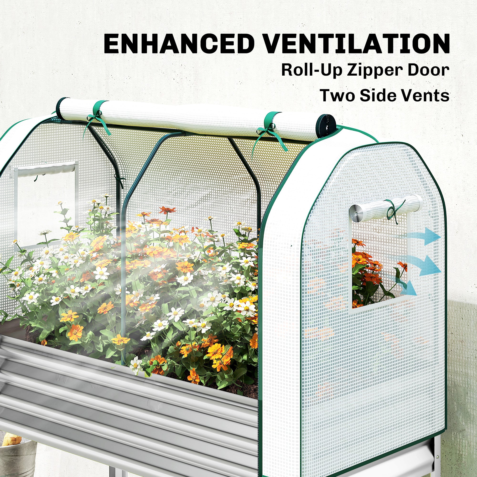 Galvanised Raised Garden Bed with Greenhouse Cover, Metal Elevated Garden Bed with Bed Liner, Bottom Shelf, Silver - Silver - Image 5