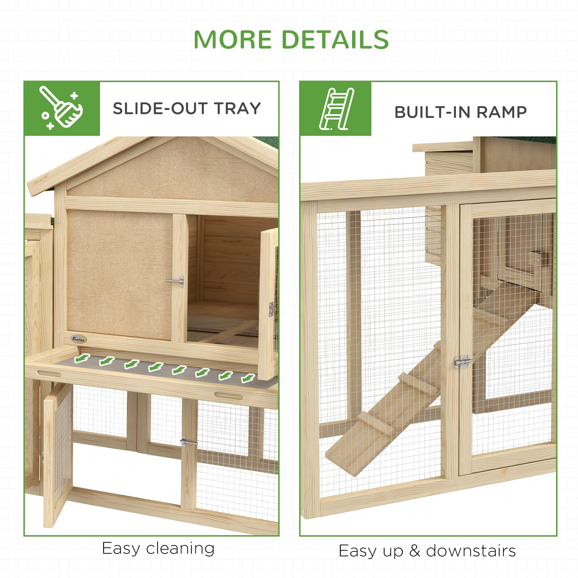 Wooden Chicken Coop ith Nesting Box, Double Runs, Removable Tray, Ramps, for Garden Backyard - Natural Wood - Image 7
