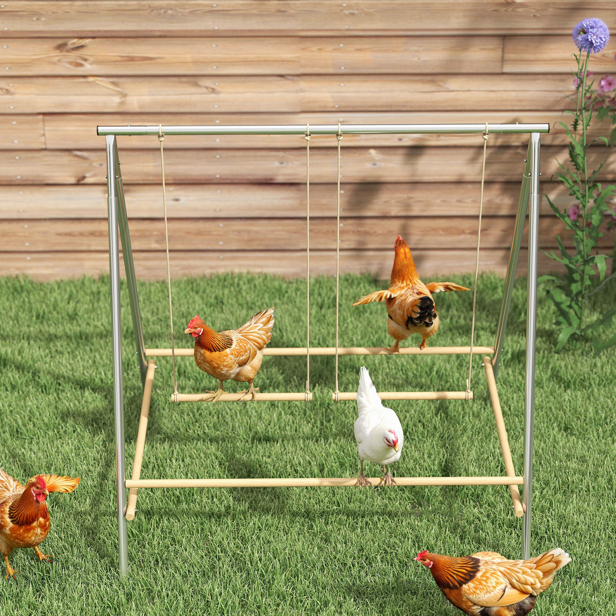 Chicken Perch for Coop, Chicken Roosting Bars with 2 Swings, Coop Accessories for Farm, Backyard, Silver