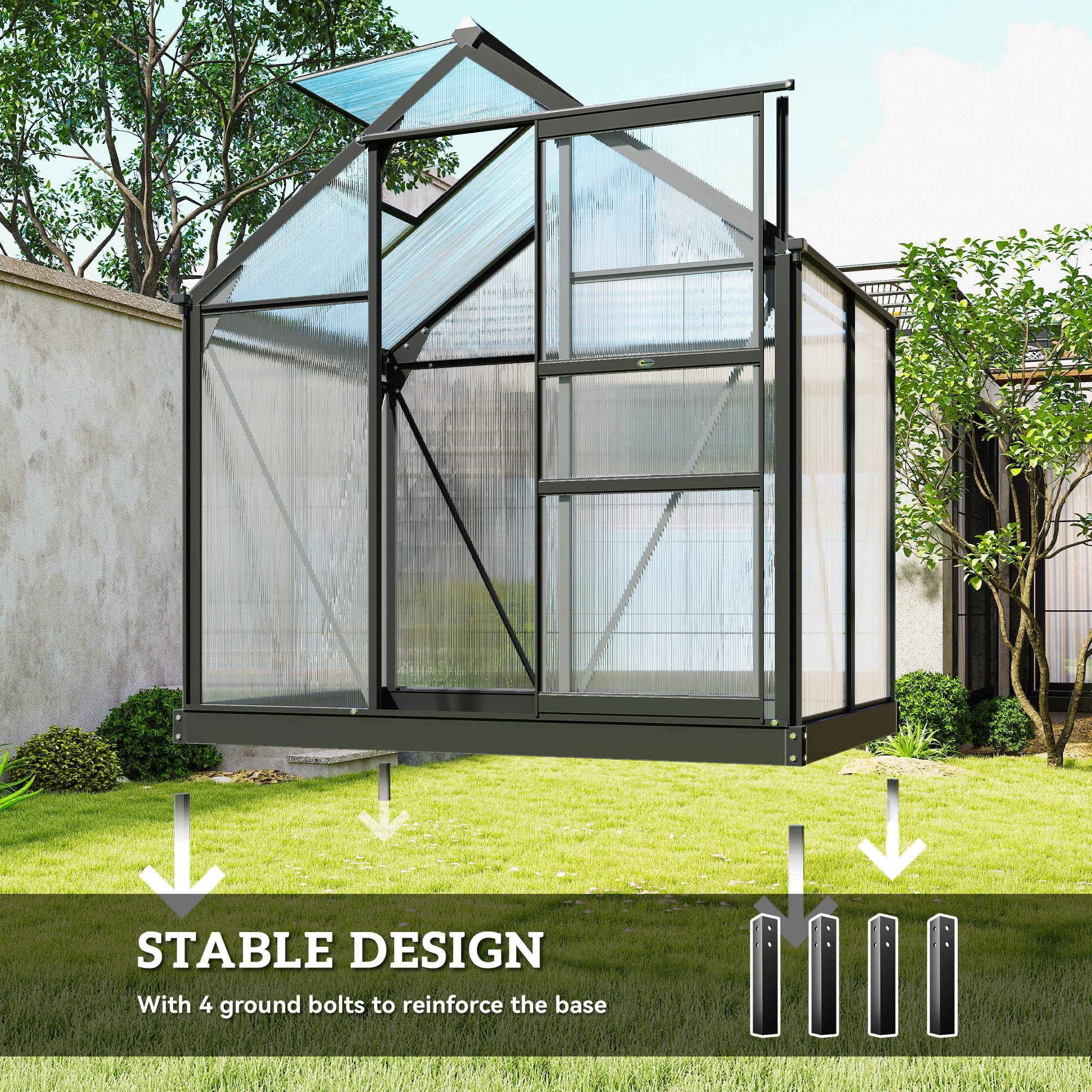 Polycarbonate Greenhouse, Heavy Duty Outdoor Aluminum Walk-in Green House Kit Vent Door, 6.2'x4.3'x6.6' Gray - Gray - Image 6