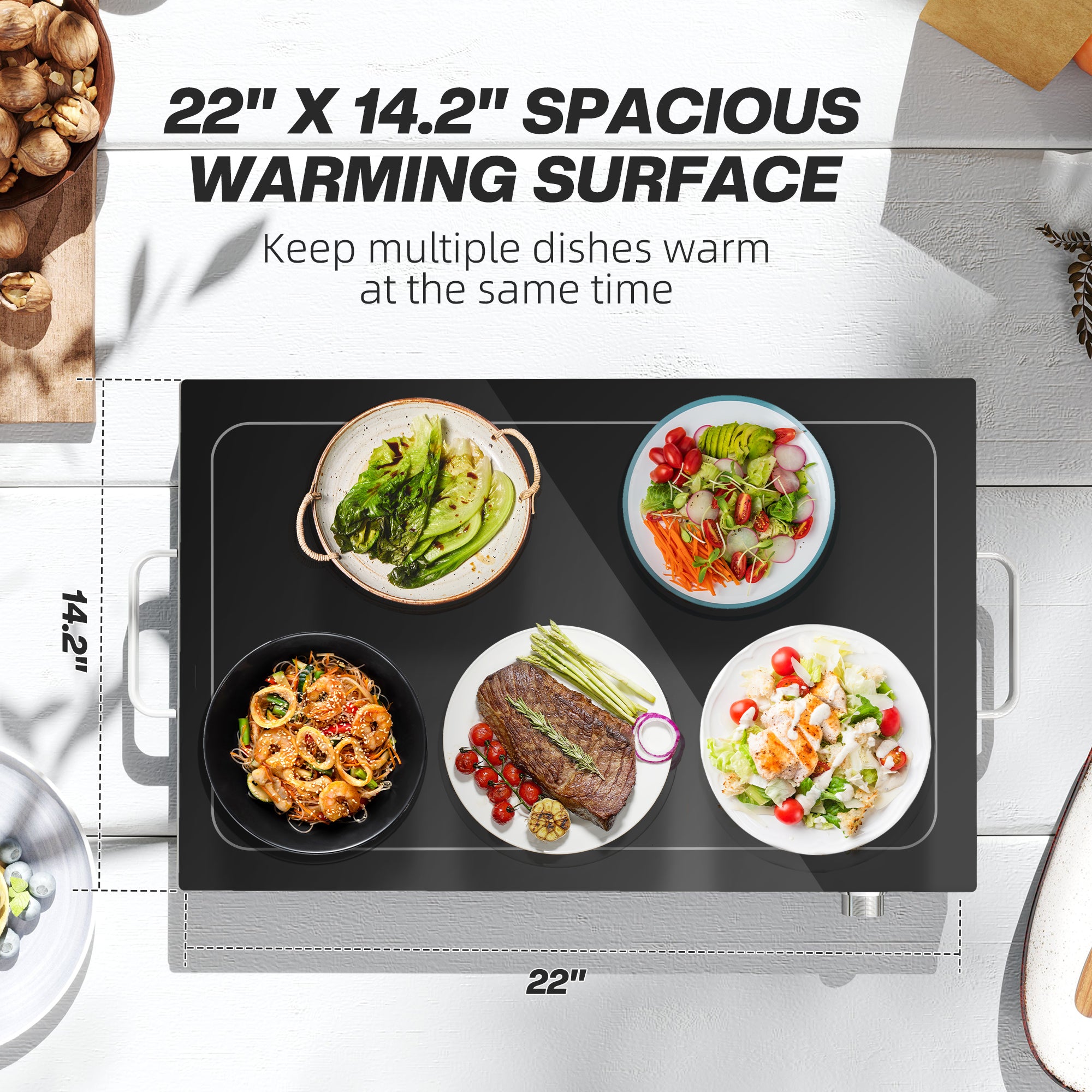 Food Warmer with Adjustable Temperature, Electric Warming Tray with Cool-Touch Handles for Parties, Buffets, Black