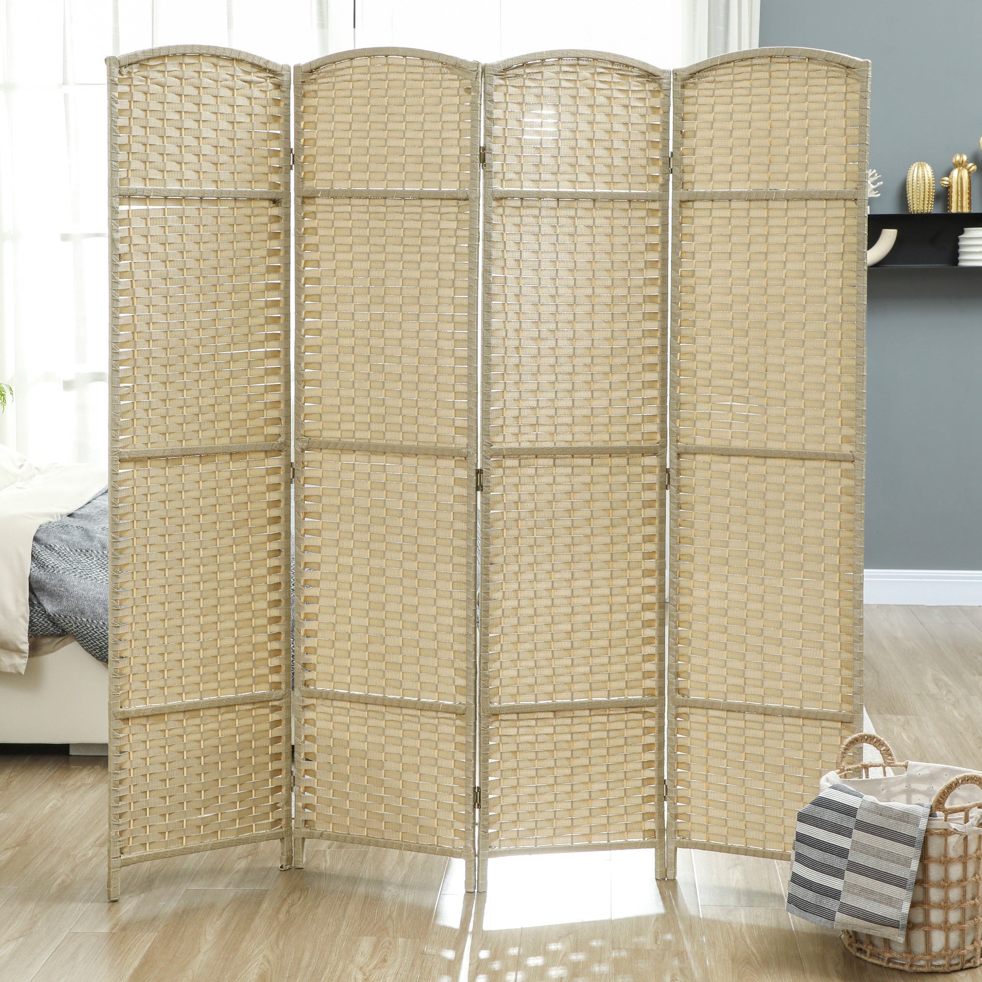 Folding Room Divider Screen 4 Panel 5.6 ' Tall Privacy Screen Freestanding Room Partition for Home Office, Beige