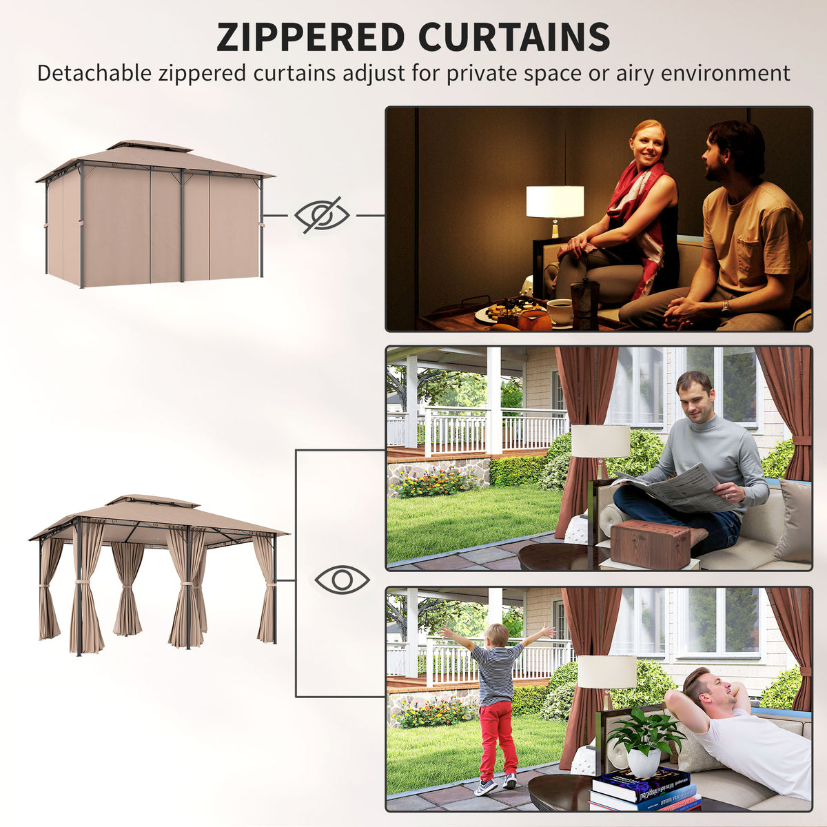 10' x 13' Patio Gazebo, Outdoor Gazebo Canopy Shelter with Curtains, Vented Roof, Steel Frame for Garden, Lawn, Backyard and Deck, Khaki