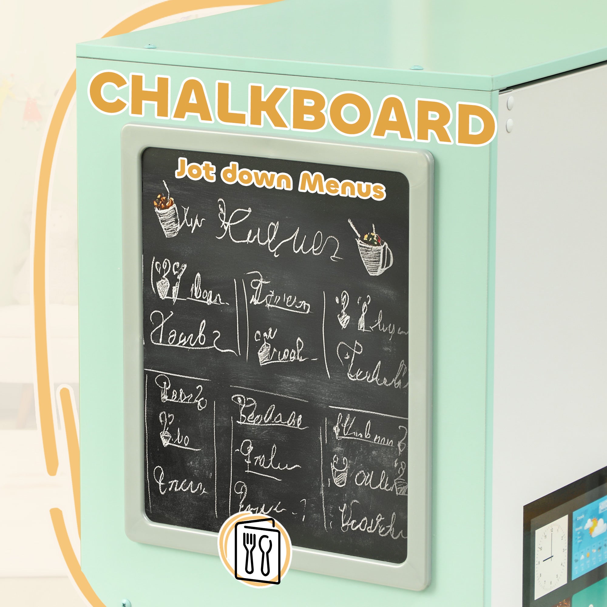 Play Kitchen, Corner Kids Kitchen Playset w/ Chalkboard, Range Hood, Ice Maker, Stove, Microwave, Sound & Lights