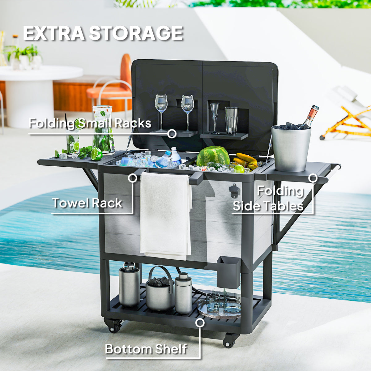 104 Quart Large Capacity Outdoor Cooler Cart, Patio Rolling Ice Chest with Bottle Opener Shelves Wheels, Gray
