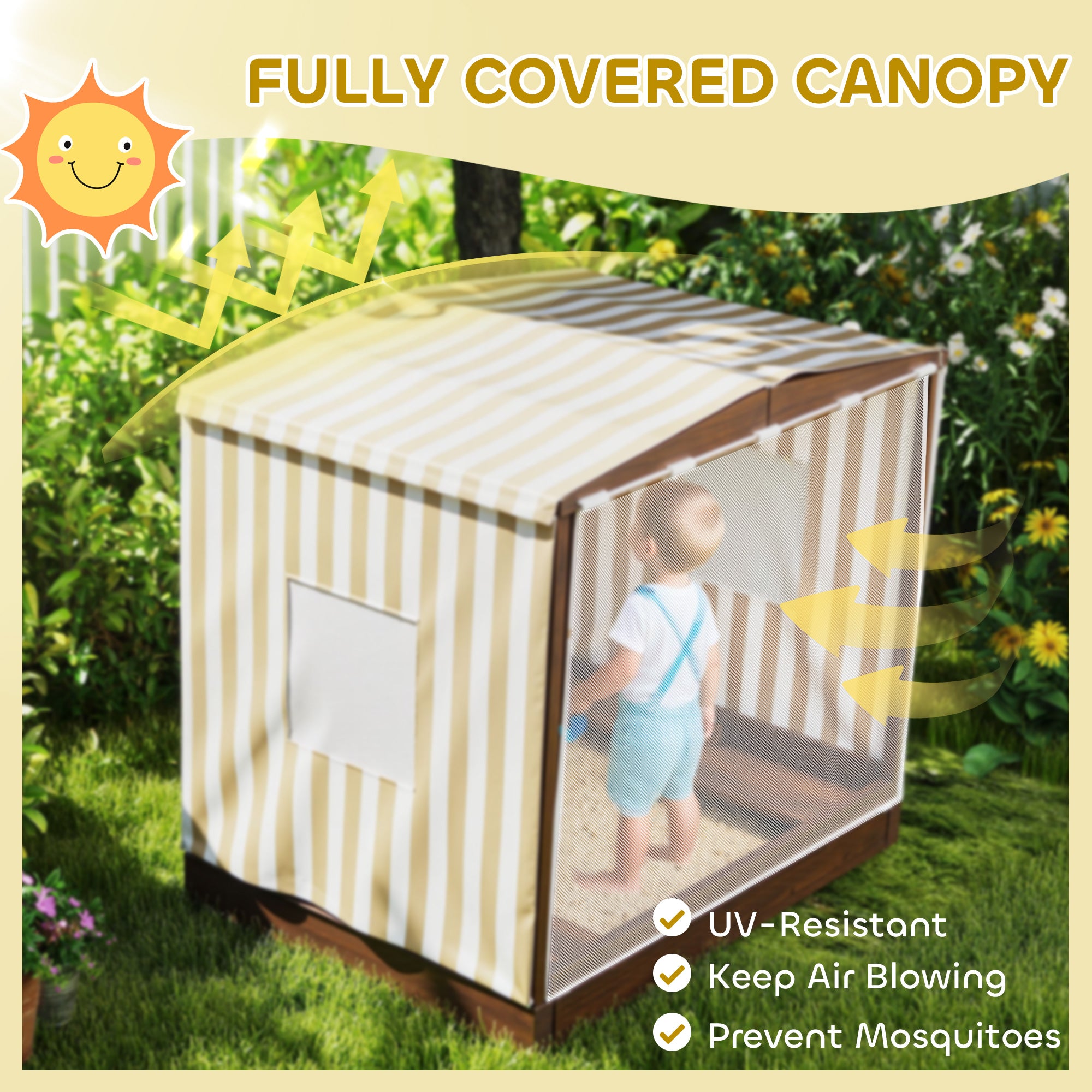 Kids Wooden Sandbox with Canopy Fully Covered, 2 Bench Seats, Bottom Liner, 56" x 40" x 52", Brown