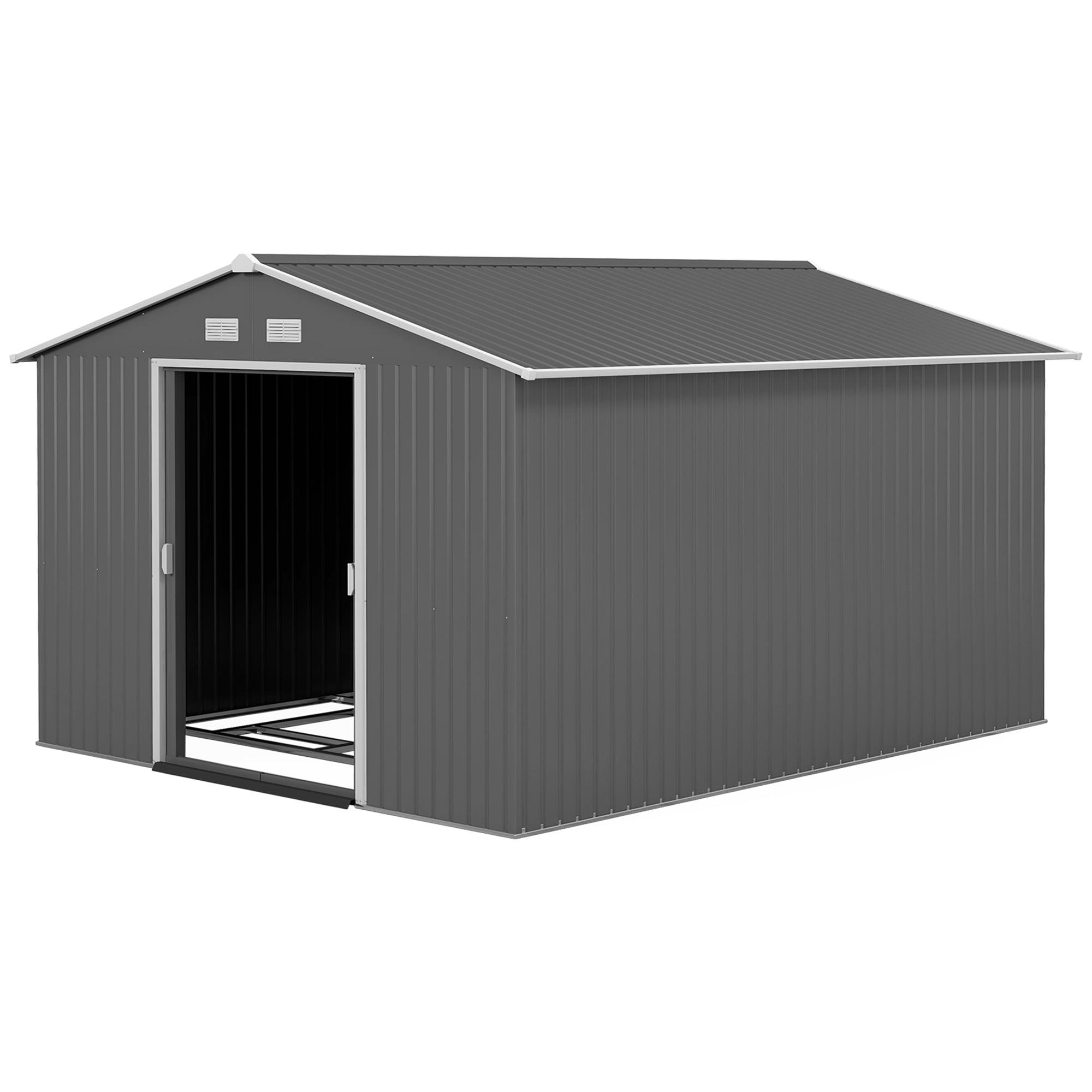 11' x 9' Metal Storage Shed Garden Tool House with Double Sliding Doors, 4 Air Vents for Backyard, Patio, Gray - Gray