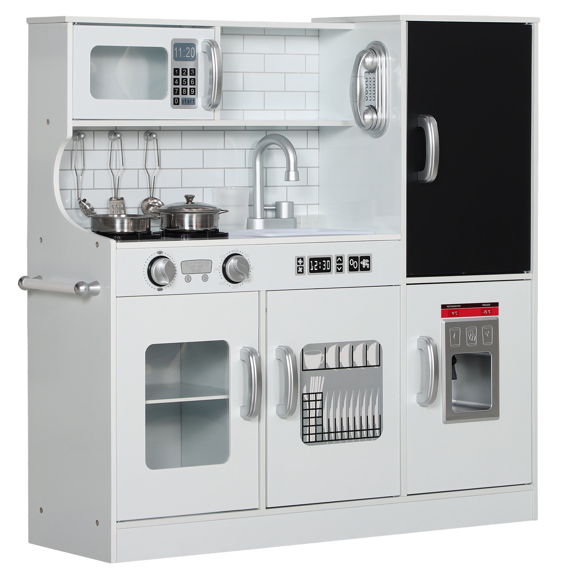 Pretend Play Kitchen, Kids Kitchen Playset with Play Phone, Chalkboard, Towel Rack & Ice Maker for 3-8 Years White