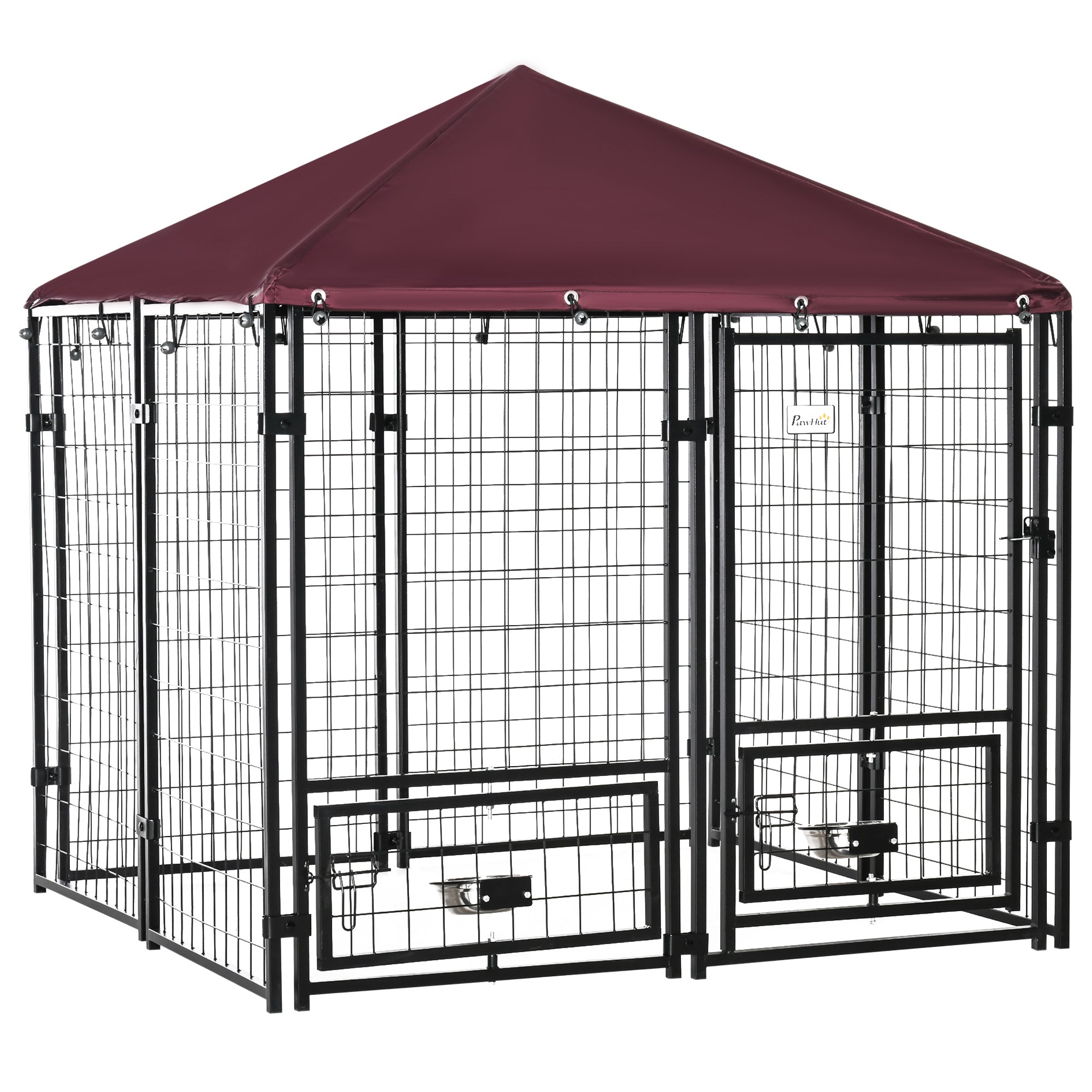 Outdoor Dog Kennel with Rotating Bowl Holders, Pet Playpen with Waterproof Cover, 4.6' x 4.6' x 5', Red - Red