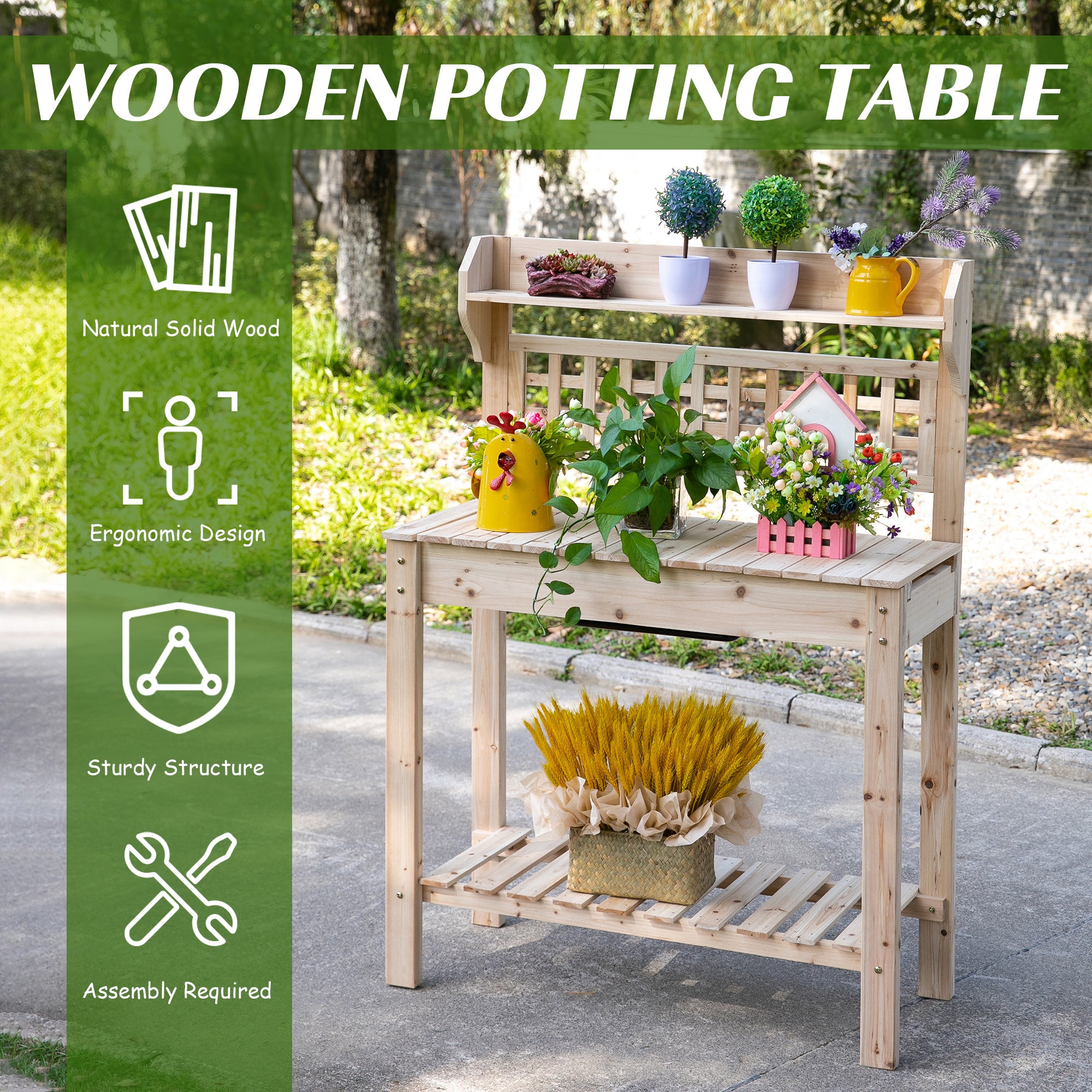 Outdoor Potting Bench Table, Wooden Workstation with Sliding Tabletop, Storage Shelf and Dry Sink, for Greenhouse, Garden, Patio, Natural - Natural Wood - Image 4