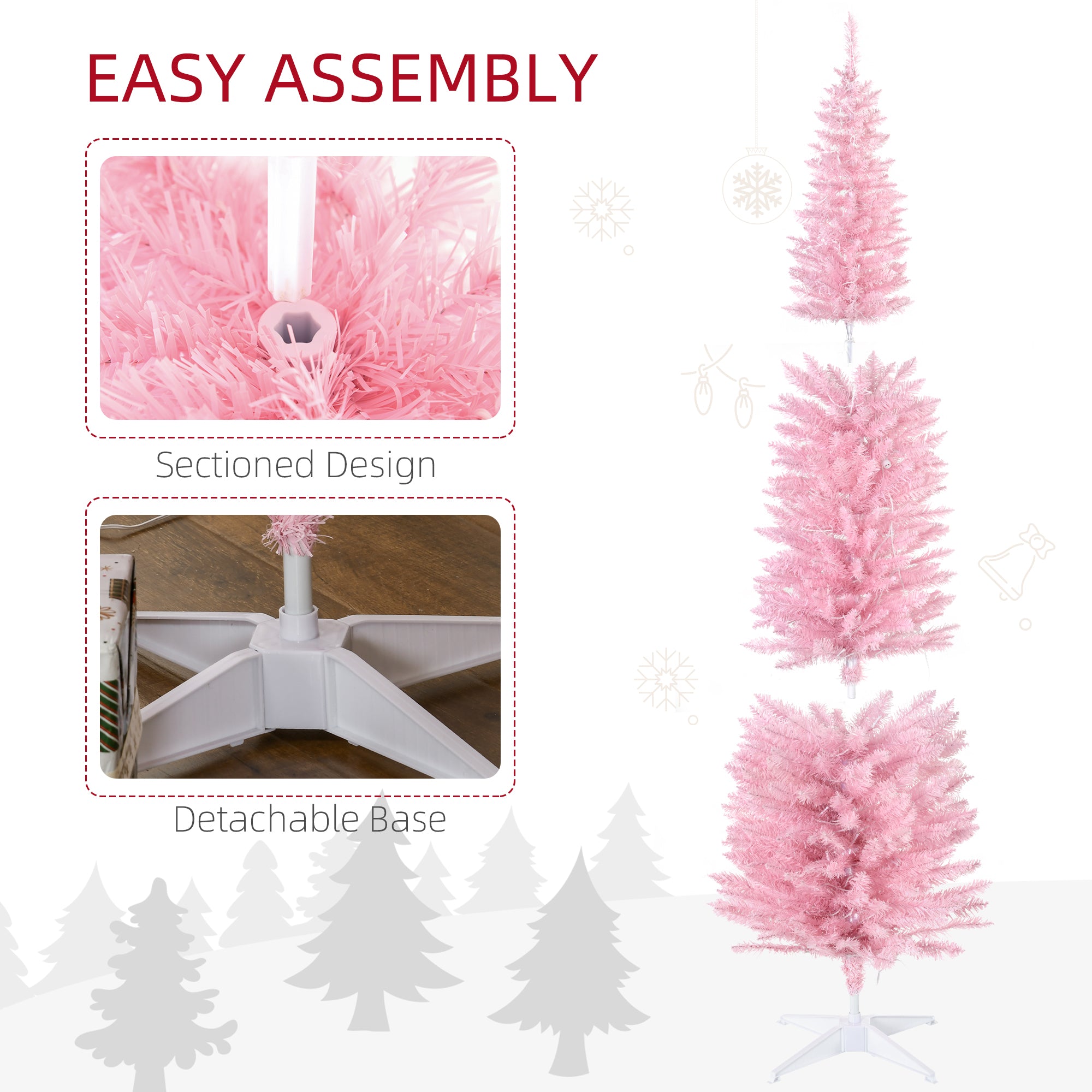 7ft Pencil Christmas Tree, Slim Artificial Christmas Tree with Realistic Branches and Warm White LED Lights, Pink