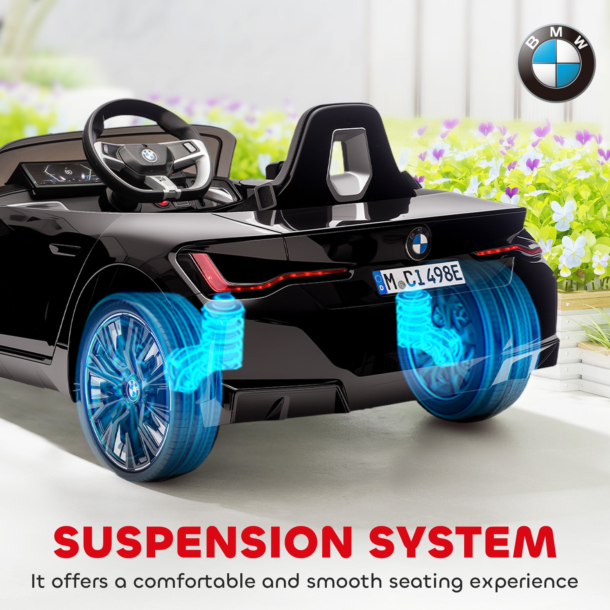 12V Electric Car for Kids with 2.4G Remote Control, Suspension, Black