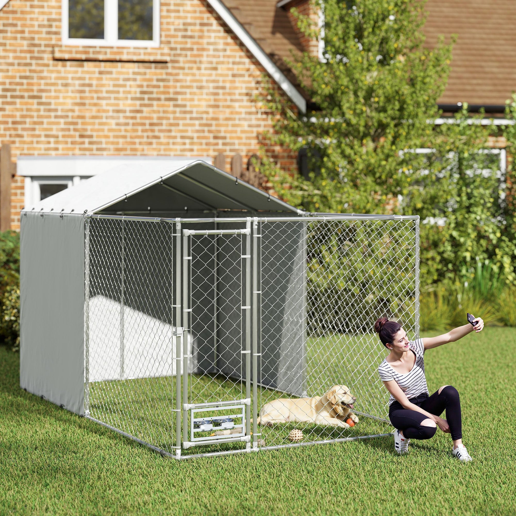 Galvanized Chain Link Large Outdoor Dog Kennel with Waterproof & UV-Resistant Cover, for M&L Dogs, 13.1' x 7.5' x 7.5' - Silver - Image 2
