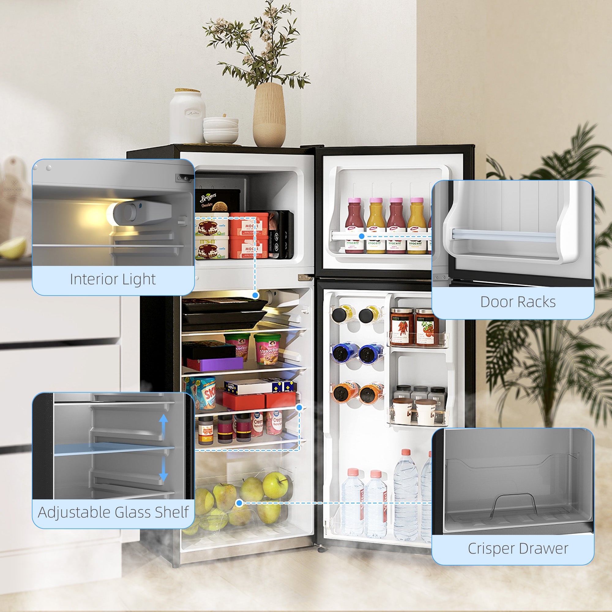 Small Fridge with Freezer, 4 Cu Ft Refrigerator with Reversible Doors, Black