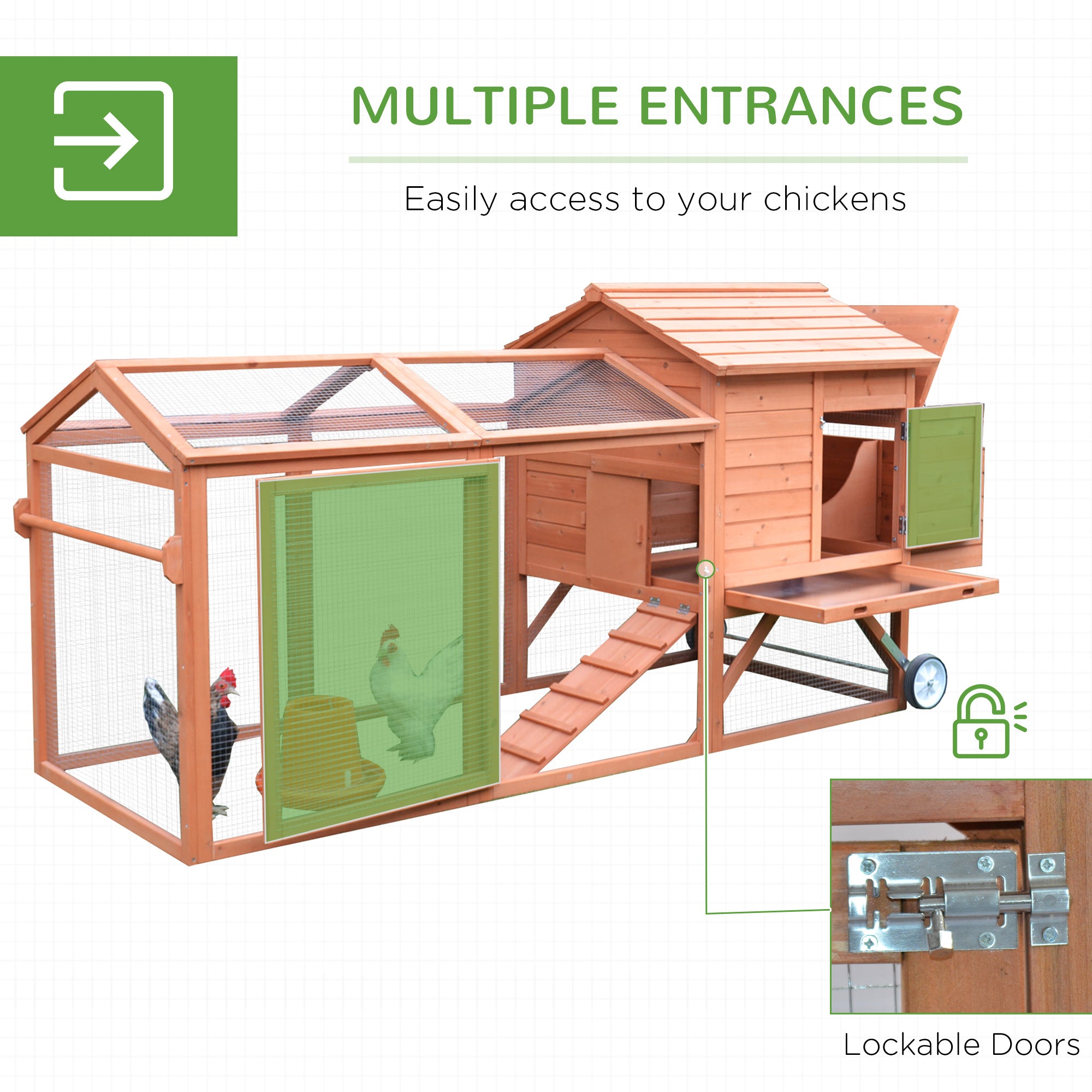 96.5" Chicken Coop Wooden Hen House Poultry Cage Pen Portable with Wheels and Nesting Box, Chicken Cage for Backyard Outdoor, Natural - Brown - Image 5
