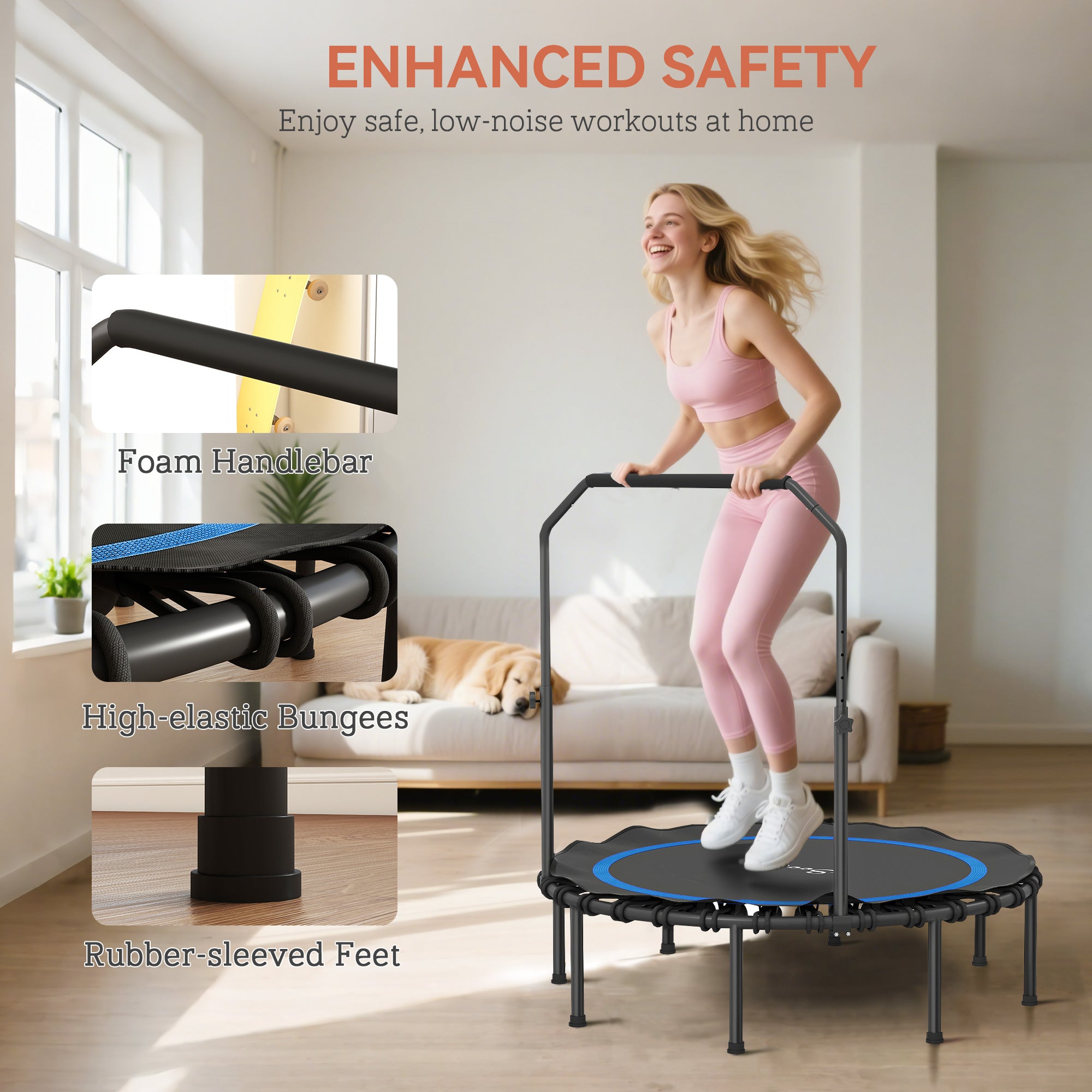48" Rebounder Trampoline for Adults, Foldable Mini Trampoline with Adjustable Handle Bar for Indoor Outdoor, Blue