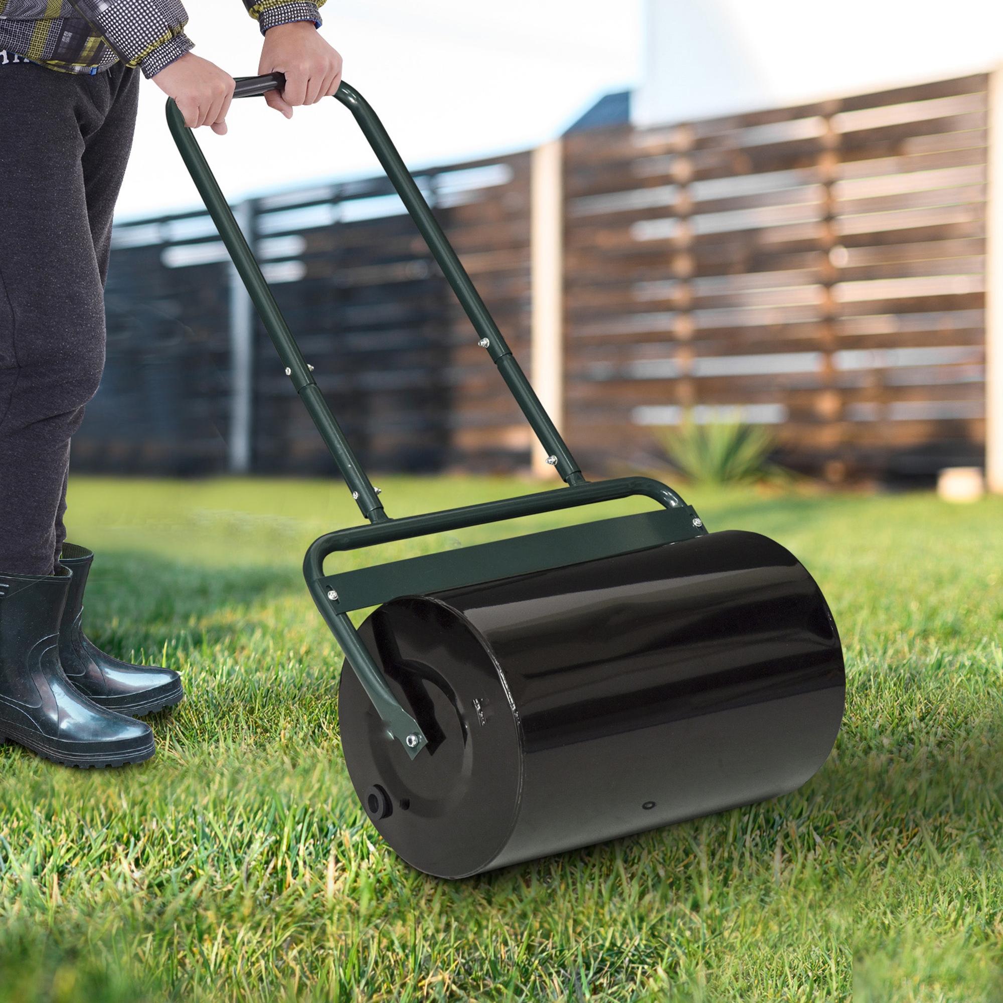 20-Inch Push/Tow Behind Lawn Roller Filled with 10 Gal Water or Sand for Flattening Sod in the Garden, Dark Green - Dark Green - Image 2