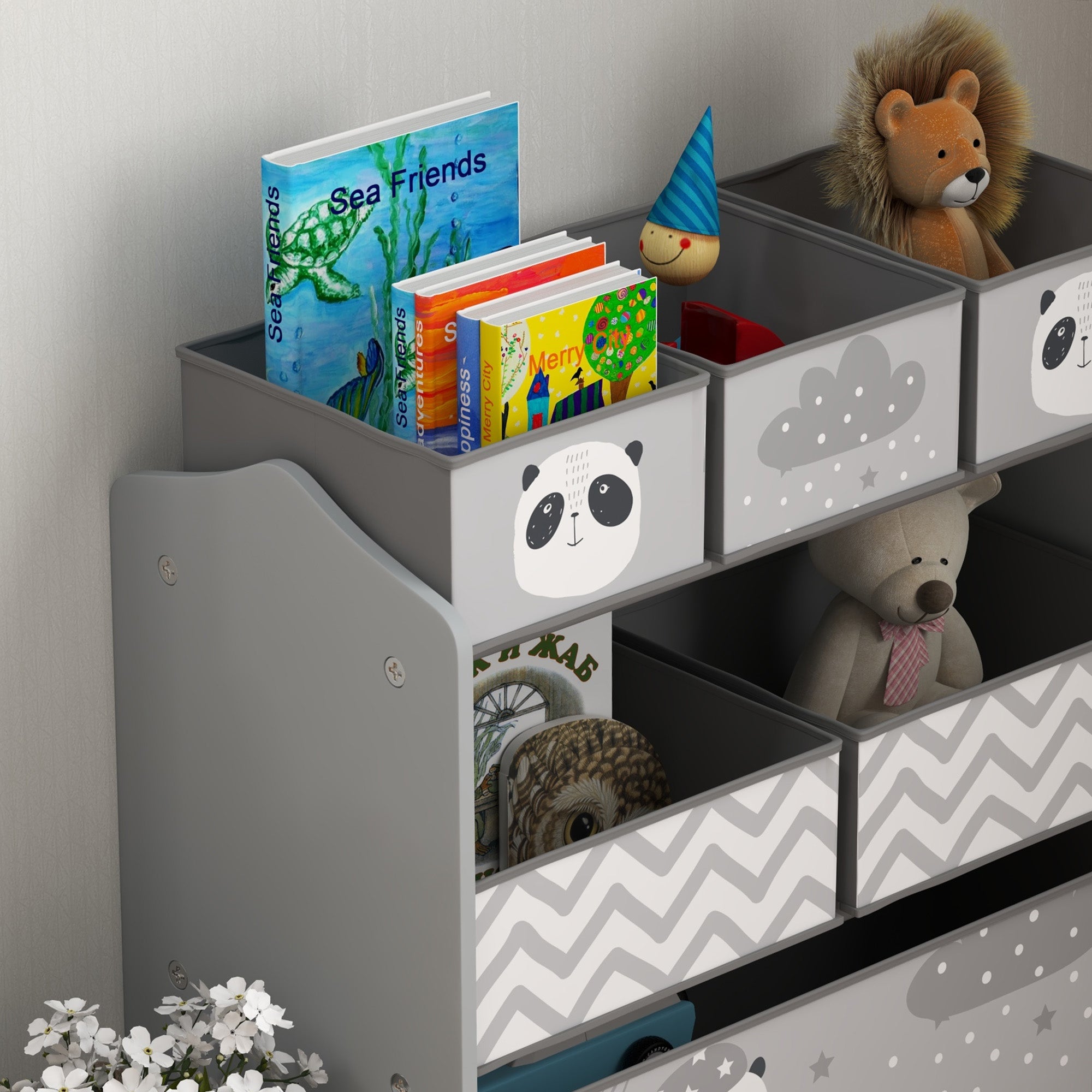 Toy Organizer with 6 Storage Bins, 25" x 12" x 26", Gray