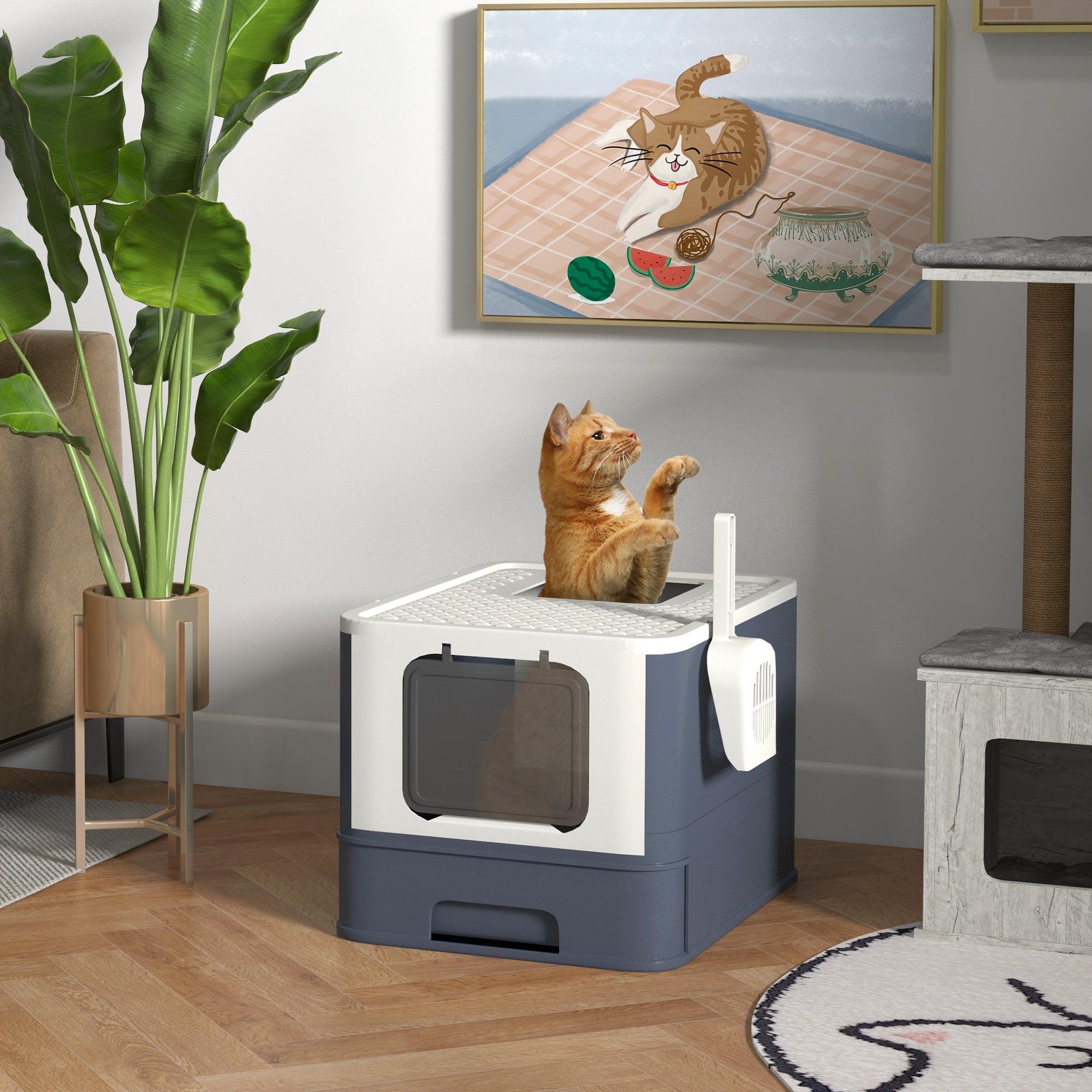 Cat Litter Box with Lid, Scoop, Front Entry, and Top Exit for Large Cats, White - White - Image 2
