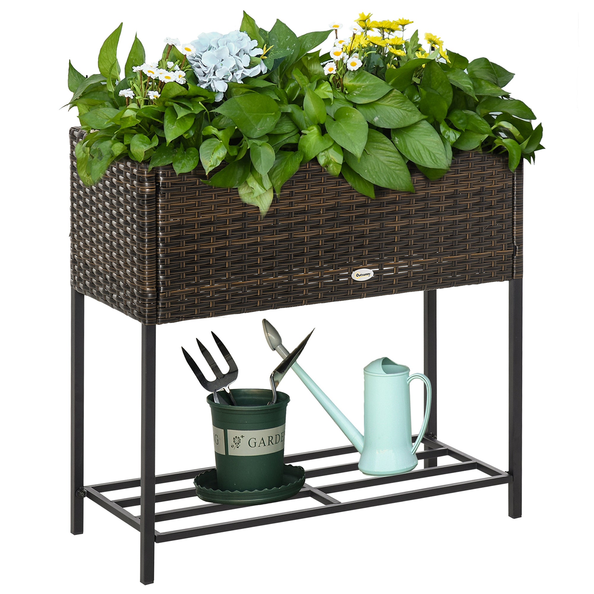 Raised Garden Bed, Elevated Planter Box with Rattan Wicker Look, Tool Storage Shelf, Portable Design for Herbs, Vegetables, Flowers, Brown - Brown
