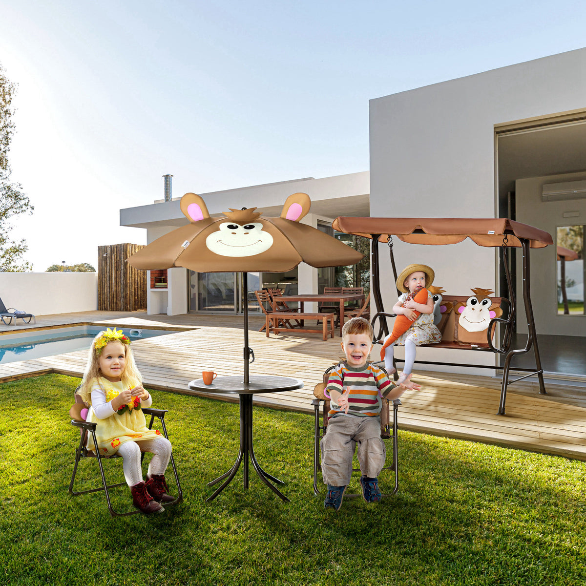 Kids Table and Chair Set, Outdoor Folding Garden Furniture, Picnic Table for Patio Backyard, with Removable & Height Adjustable Sun Umbrella, Brown