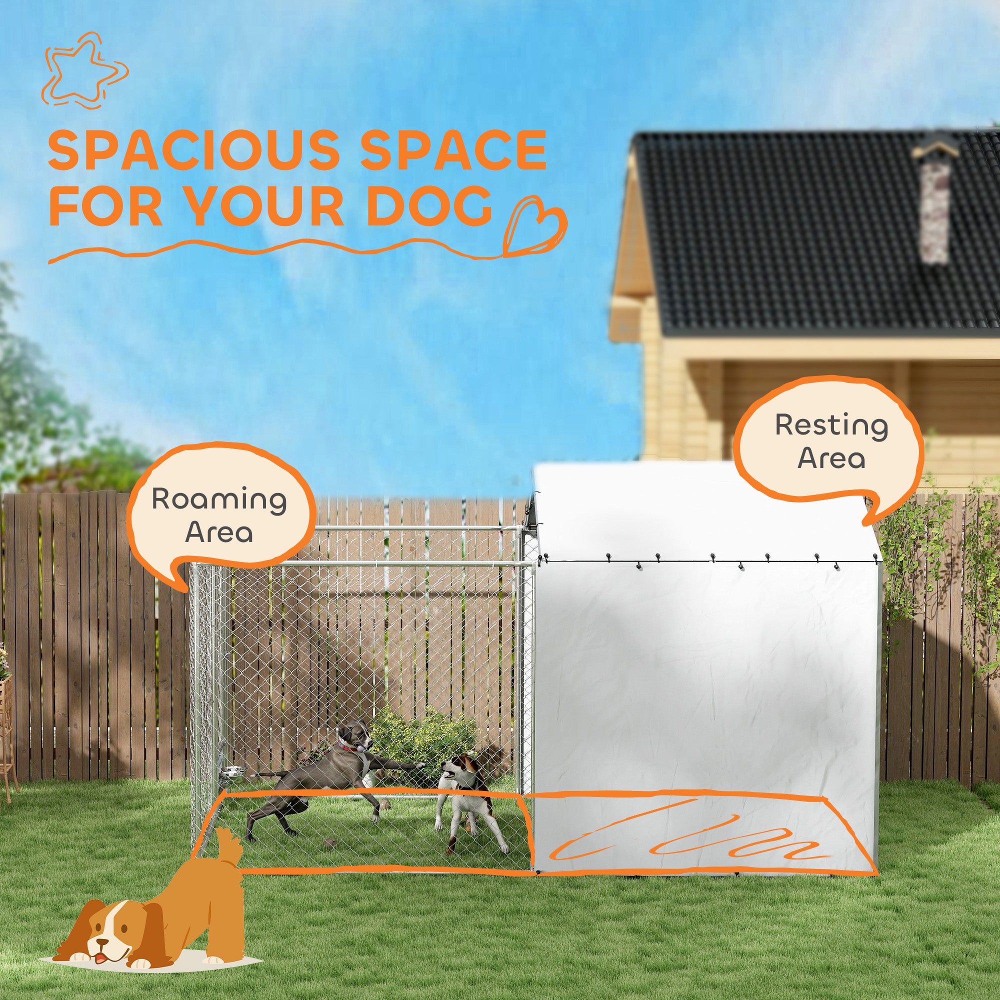 Galvanized Chain Link Large Outdoor Dog Kennel with Waterproof & UV-Resistant Cover, for M&L Dogs, 13.1' x 7.5' x 7.5' - Silver - Image 4
