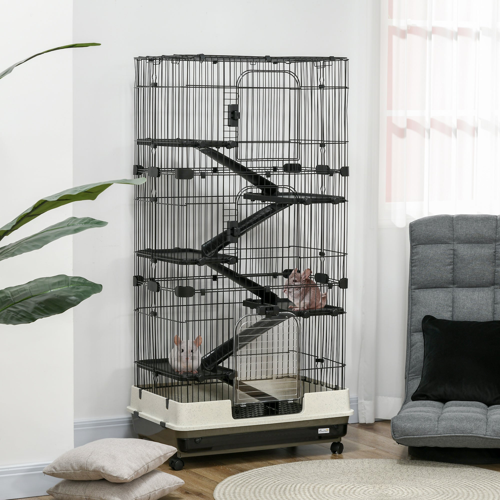32"L 6-Level Small Animal Cage Rabbit Hutch with Universal Lockable Wheels, Slide-out Tray for Bunny, Chinchillas, Ferret, Black - Black - Image 8