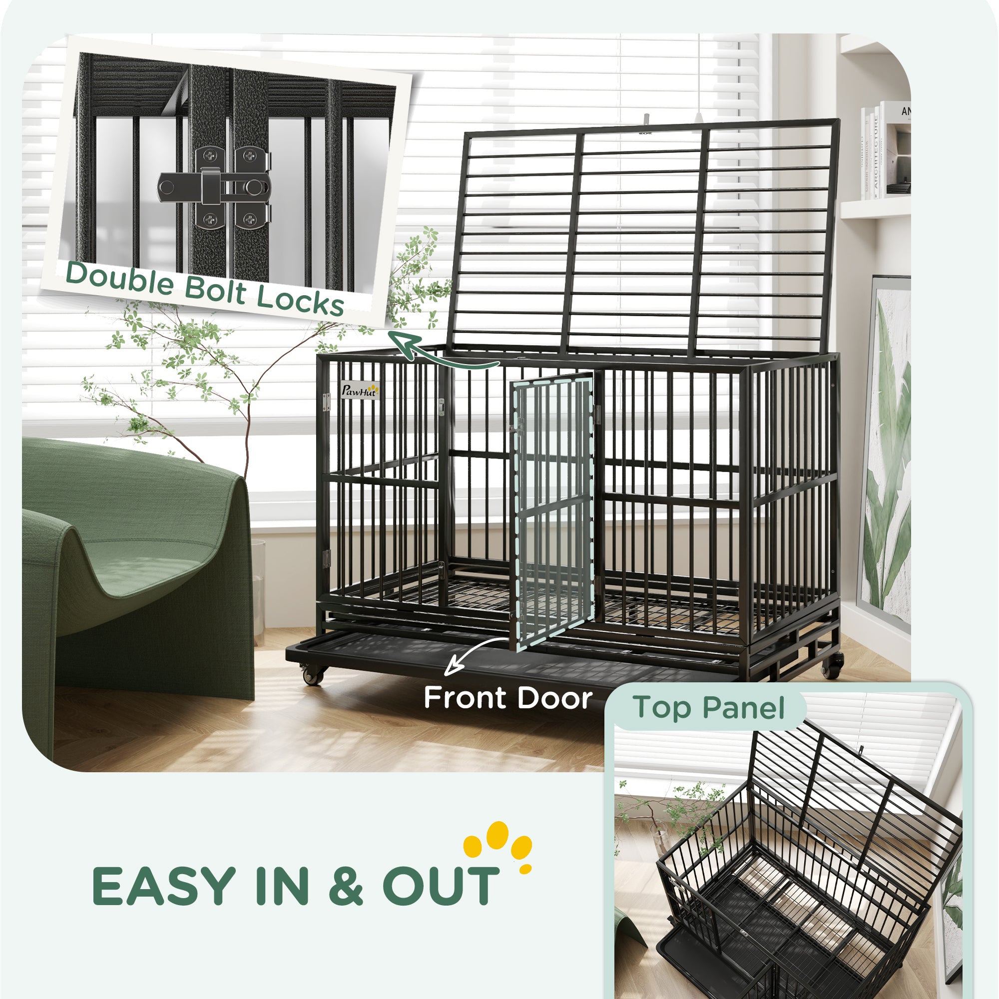 48" Heavy Duty Dog Crate Metal Cage Kennel with Lockable Wheels, Double Door and Removable Tray, gray - Gray - Image 5