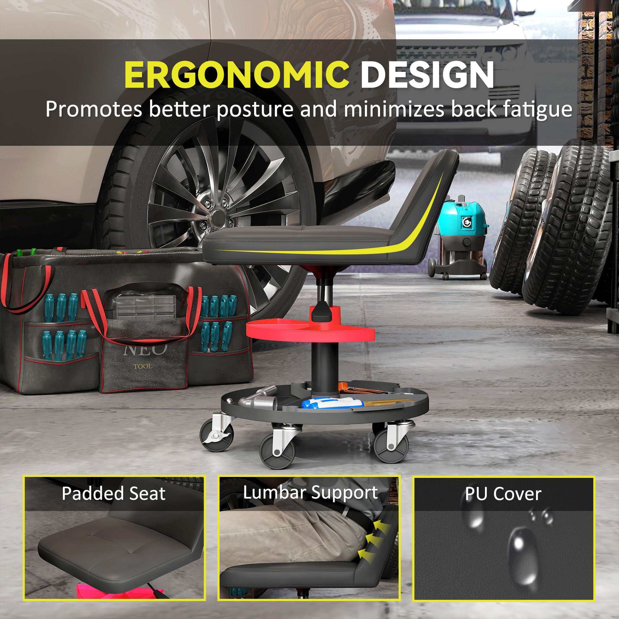 Rolling Creeper Garage Stool, 300 LBS Capacity Mechanic Stool with 360° Wheels, Tool Tray, Adjustable Height, Black