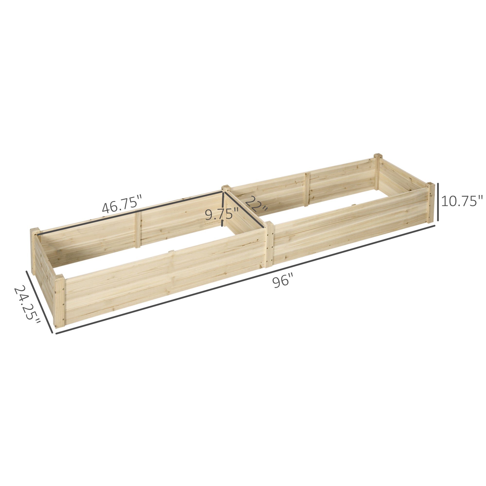 96" x 24" x 10" Wooden Raised Garden Bed with 2 Planter Boxes and Non-woven Fabric Liner for Patio, Natural - Natural wood finish - Image 3