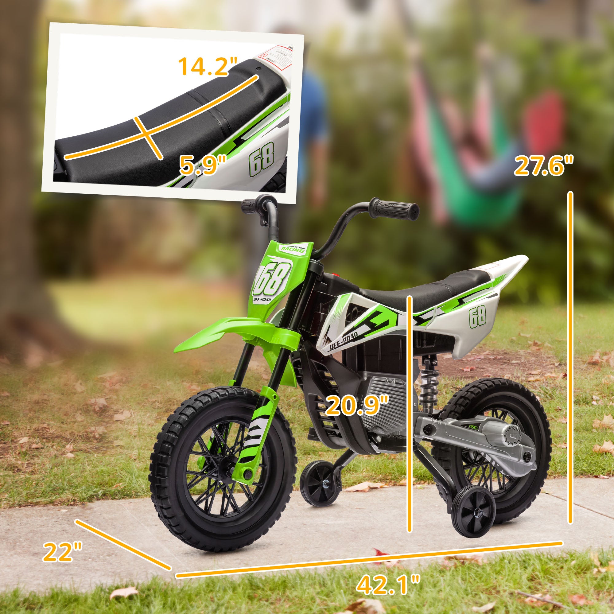 12V Kids Electric Motorcycle w/ Twist Grip Throttle, Training Wheels, Rear Suspension & Music, Green