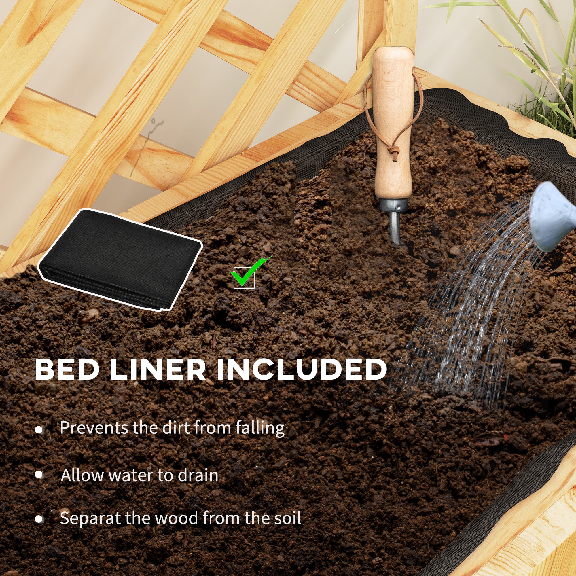 Raised Garden Bed, Wooden Planter with Trellis, Hanging Roof, Plant Shelf, Drainage Holes and Bed Liner, Natural - Natural Wood - Image 6
