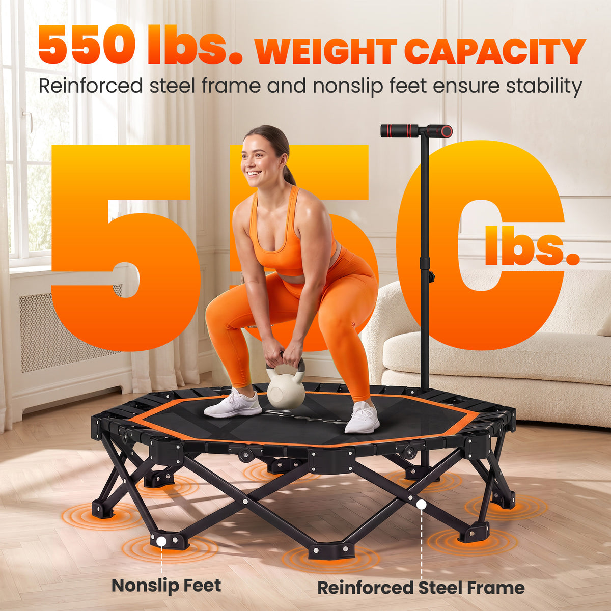 50" Foldable Mini Trampoline for Adults, One-Step Fold & Open, 550LBS Capacity, 3-Level Adjustable Handle, Orange
