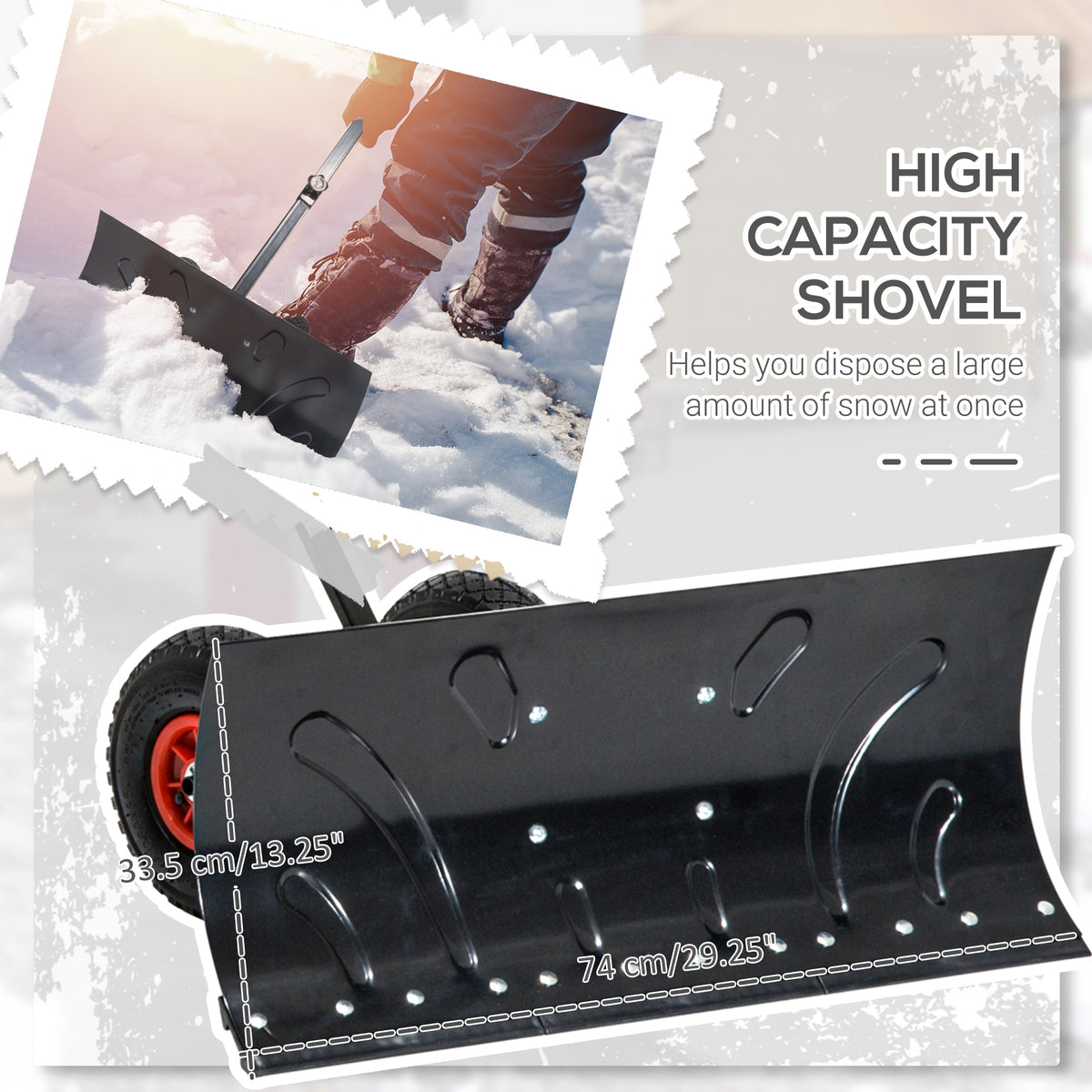 Snow Shovel Rolling Pusher with 29" Blade, 10" Wheels & Angle-Adjustable Handle, Black