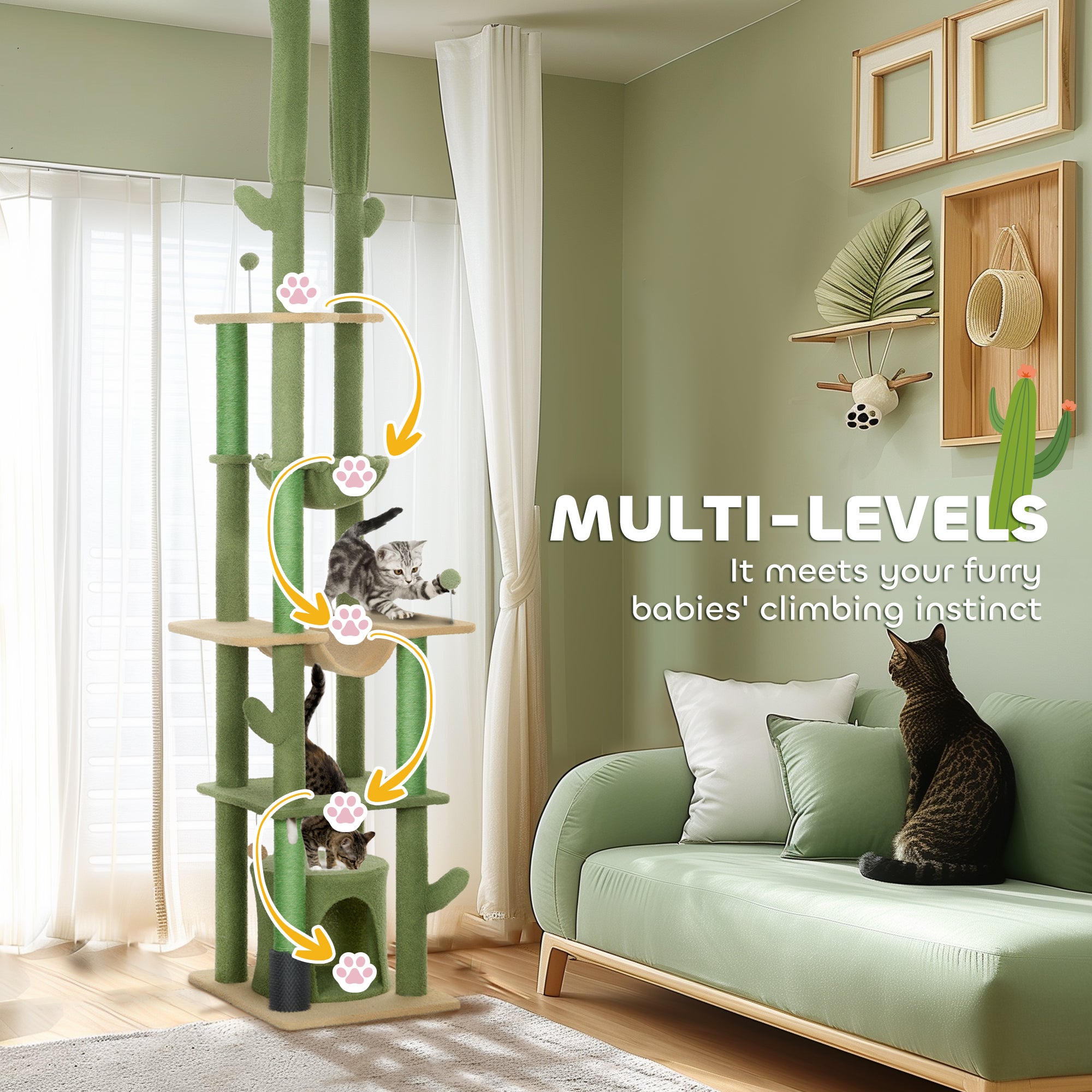 89"-100" Floor to Ceiling Cat Tree, Cat Climbing Tower with Grooming Brush Post, Cat Condo, Hammock, Green - Green - Image 6