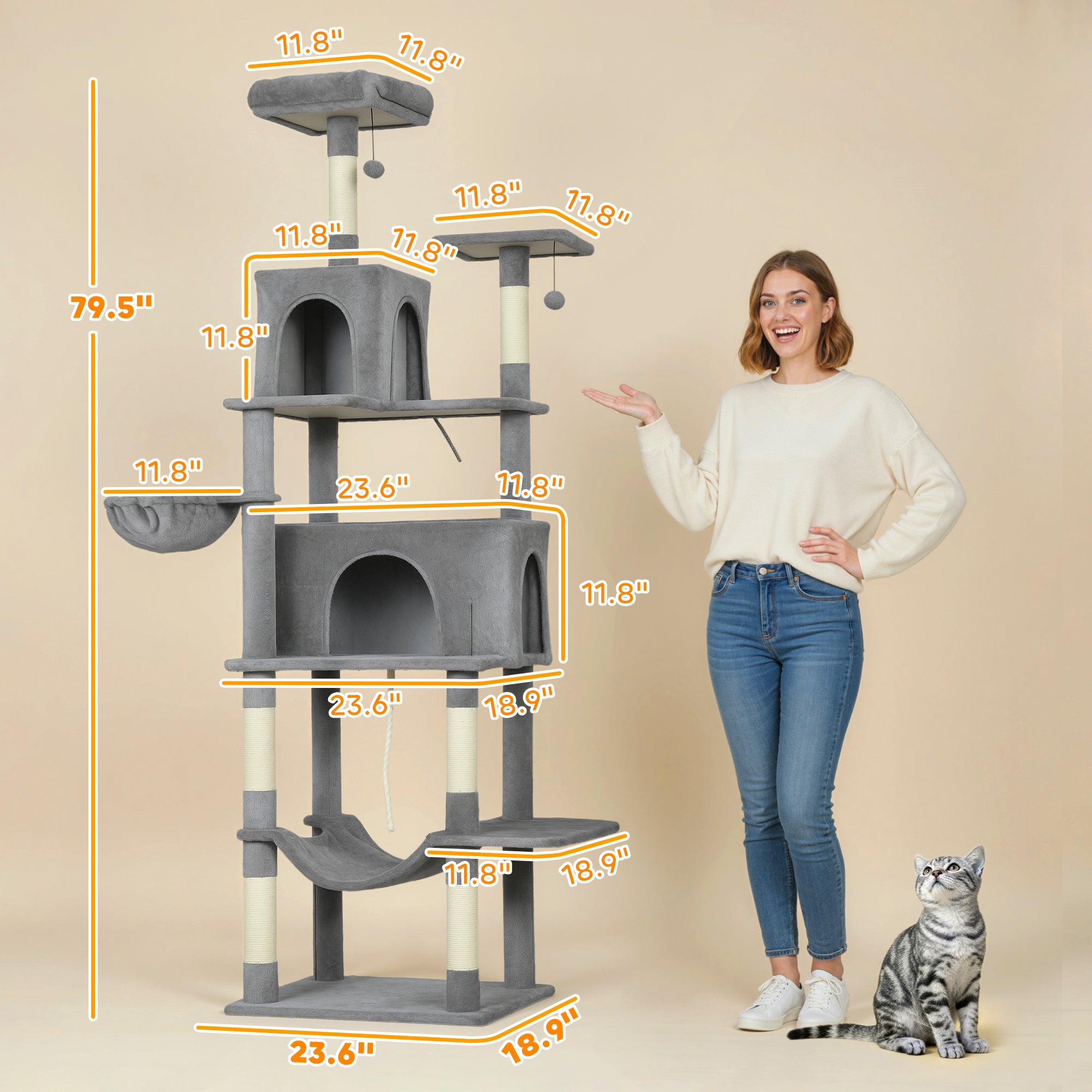 Multi-Level Cat Tower, 80" Tall Cat Tree, with 2 Condos, 2 Hammocks, 6 Sisal Scratching Posts, Dark Gray - Dark Gray - Image 3