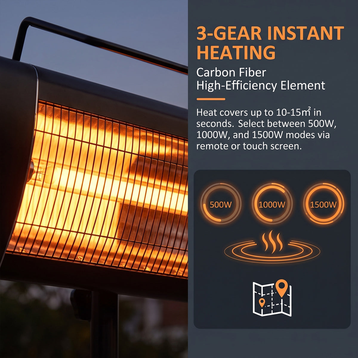 Electric Patio Heater, 1500 W Standing IP65 Outdoor Infrared Heater with Tripod, 3 Heat Levels, 24H Timer, Black