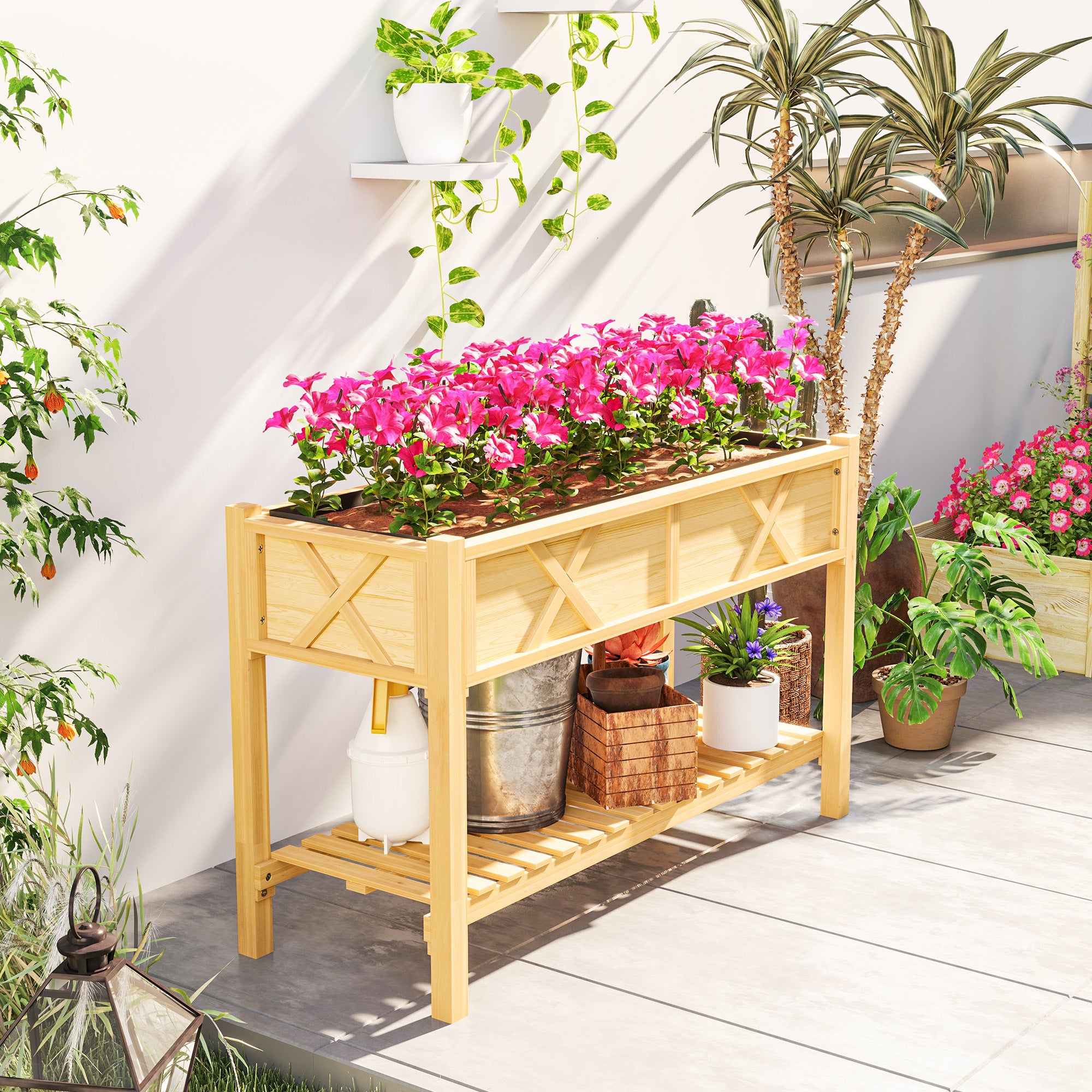 Raised Garden Bed, 47 x 22 x 31.5 in. Elevated Wood Planter Box with Storage Shelf, Drainage Holes, and Liner, Natural - Natural Wood - Image 8