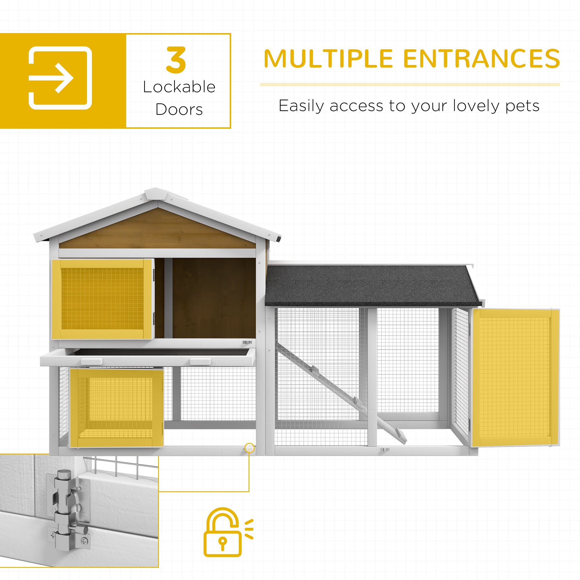 58" Wooden Rabbit Hutch with Run, Removable Tray, Asphalt Roof, Lockable Doors and Ramp, Nature Wood - Natural Wood - Image 4